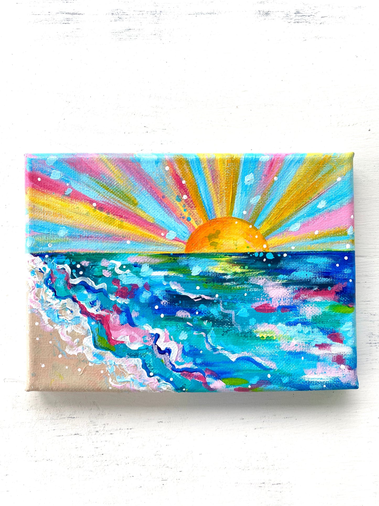 “Sunrise on the Beach” 5x7 inch Original Coastal Inspired Painting on Canvas with painted sides