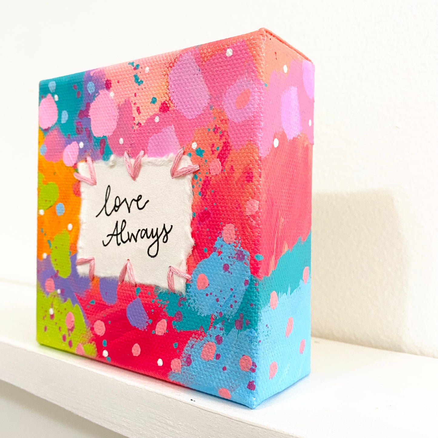 Love Always 4x4 inch original abstract canvas with embroidery thread accents
