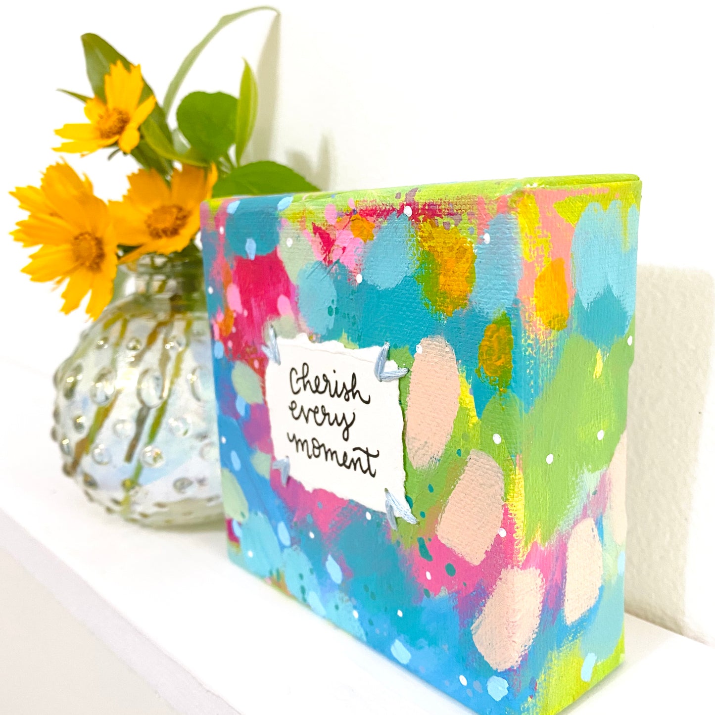 Cherish Every Moment 4x4 inch original abstract canvas with embroidery thread accents