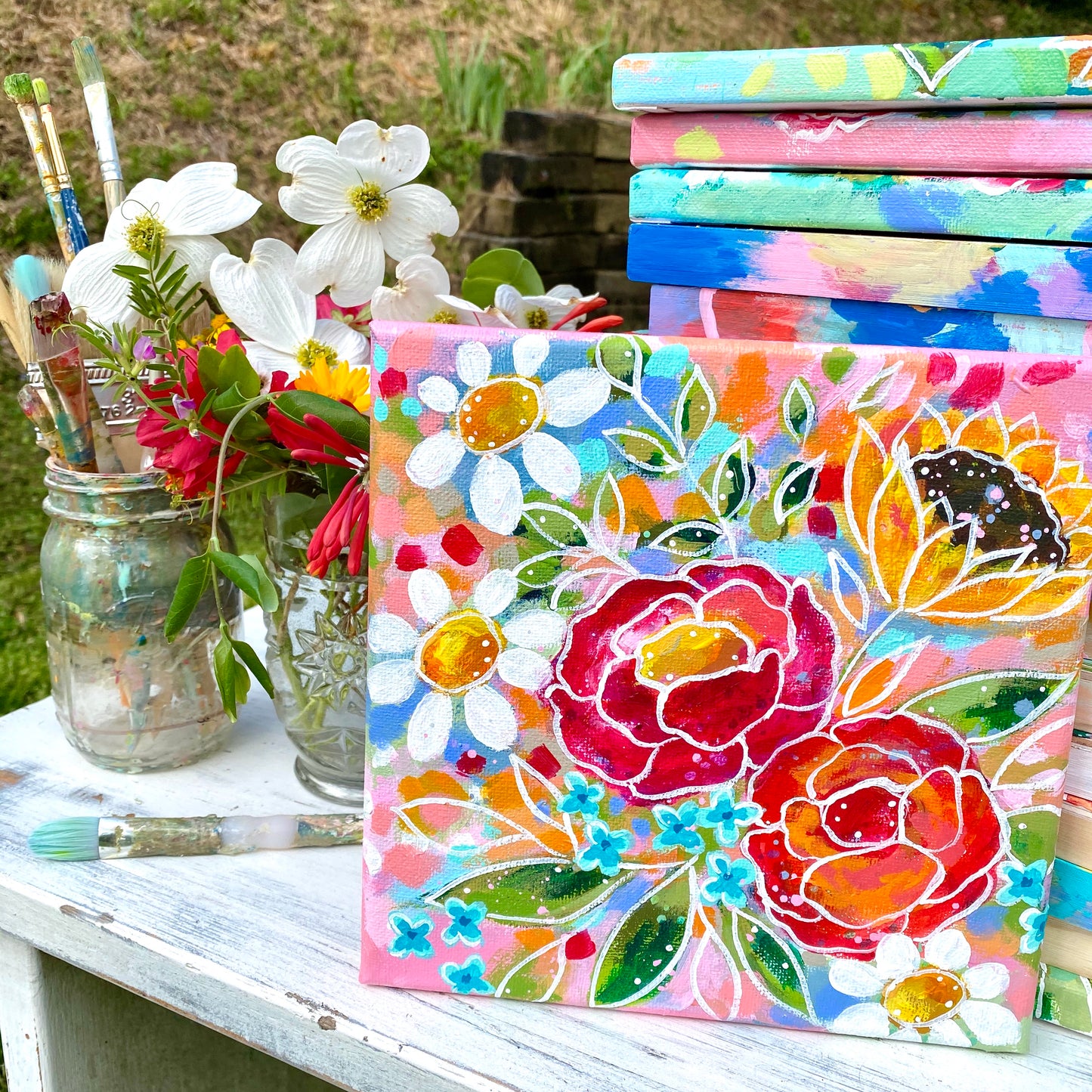 "Oh How She Loved to be Home" Floral Original Painting on 8x8 inch Canvas - Bethany Joy Art