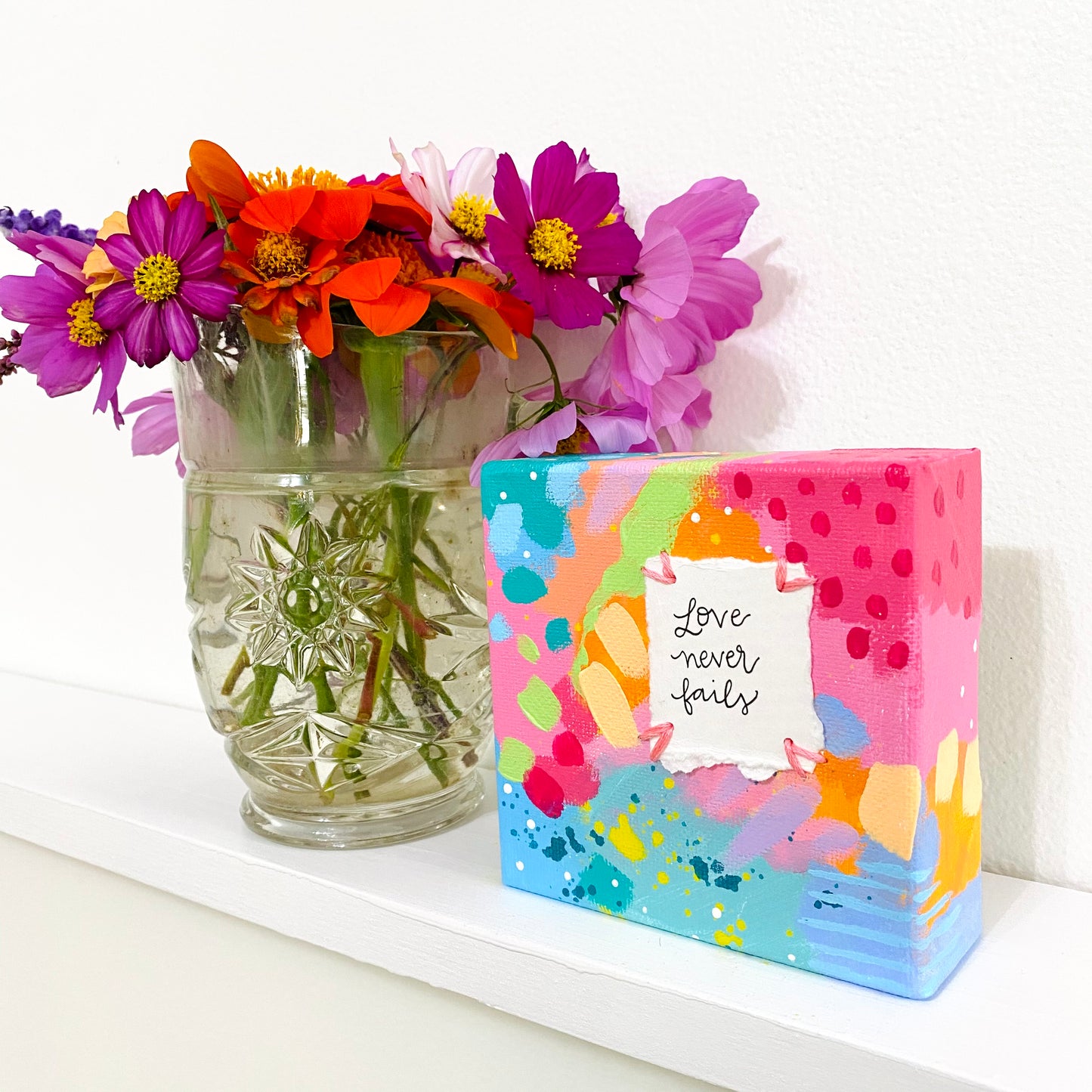 Love Never Fails 4x4 inch original abstract canvas with embroidery thread accents