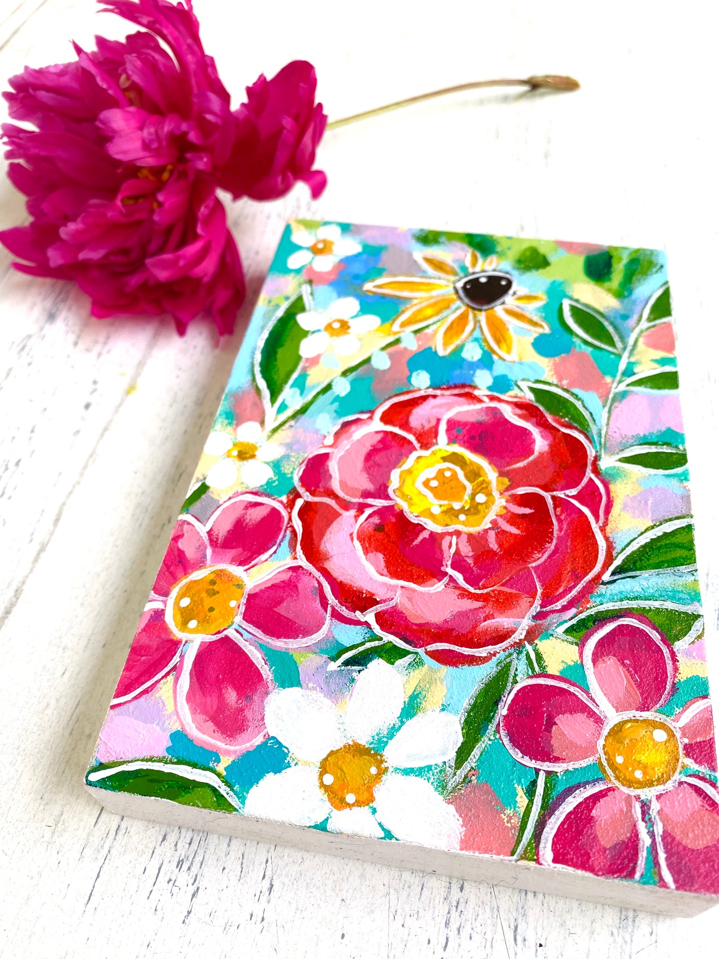 "May Flowers 1" original floral painting on 4x6 inch wood panel