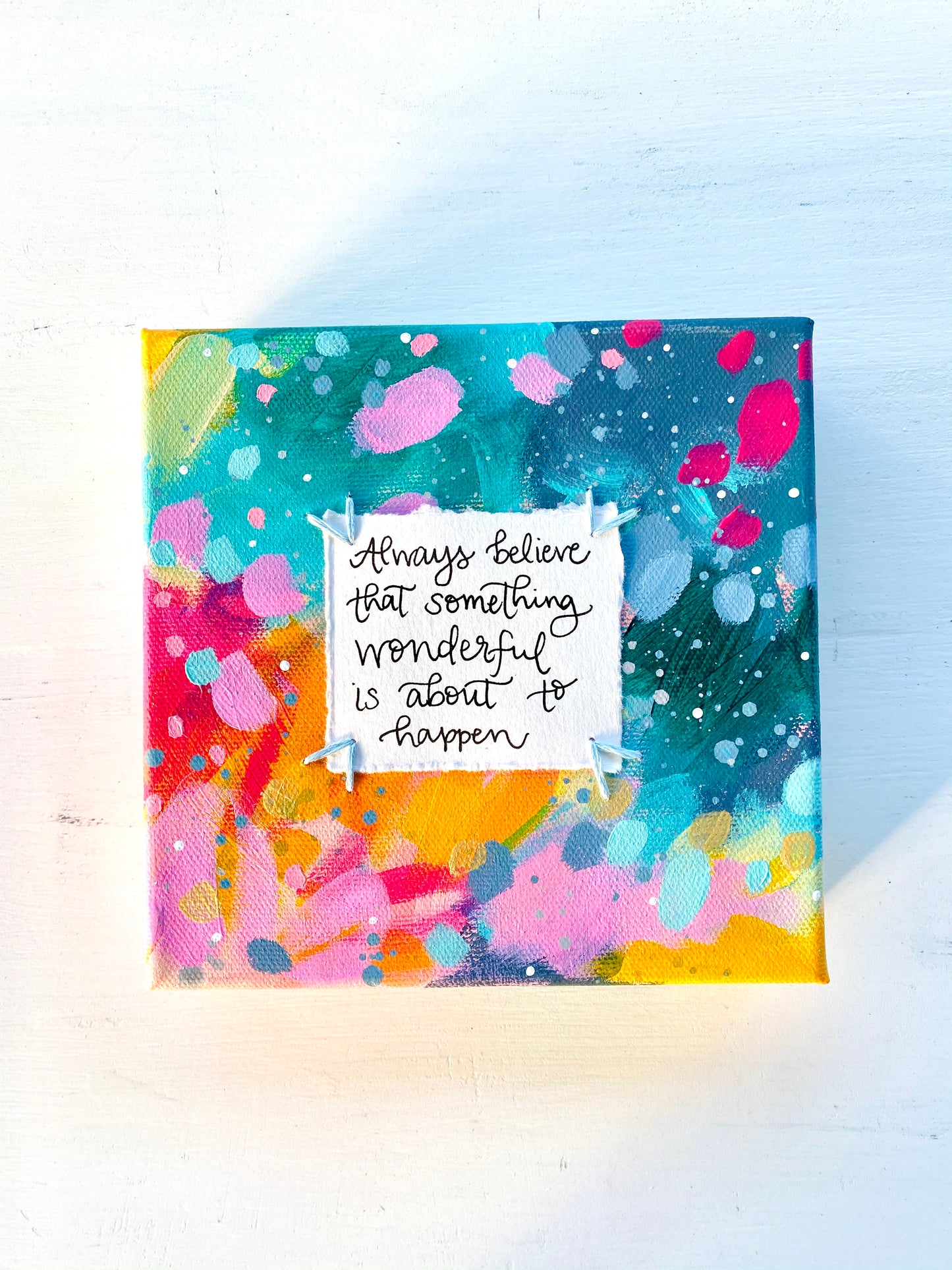 Something Wonderful 6x6 inch original abstract canvas with embroidery thread accents