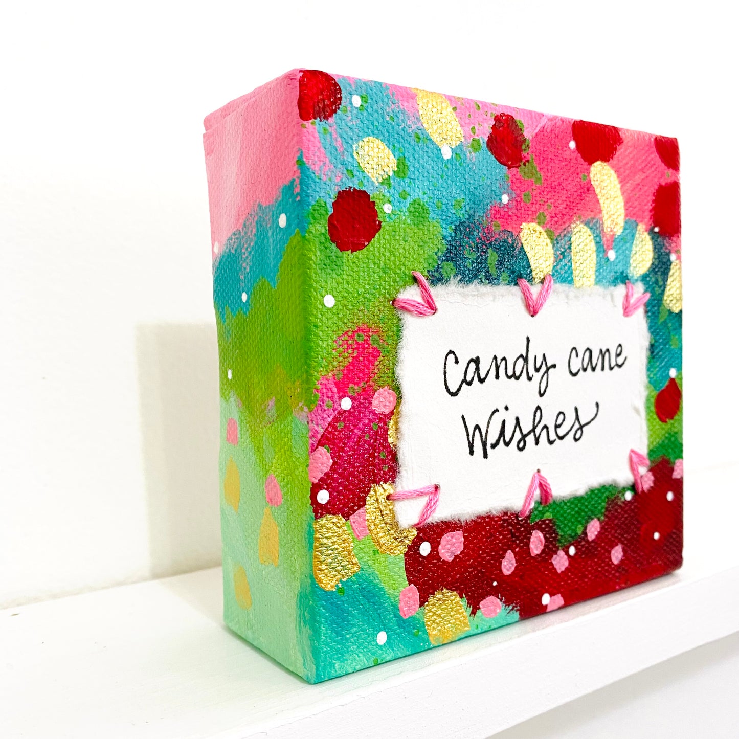 Candy Cane Wishes 4x4 inch original abstract canvas with embroidery thread accents