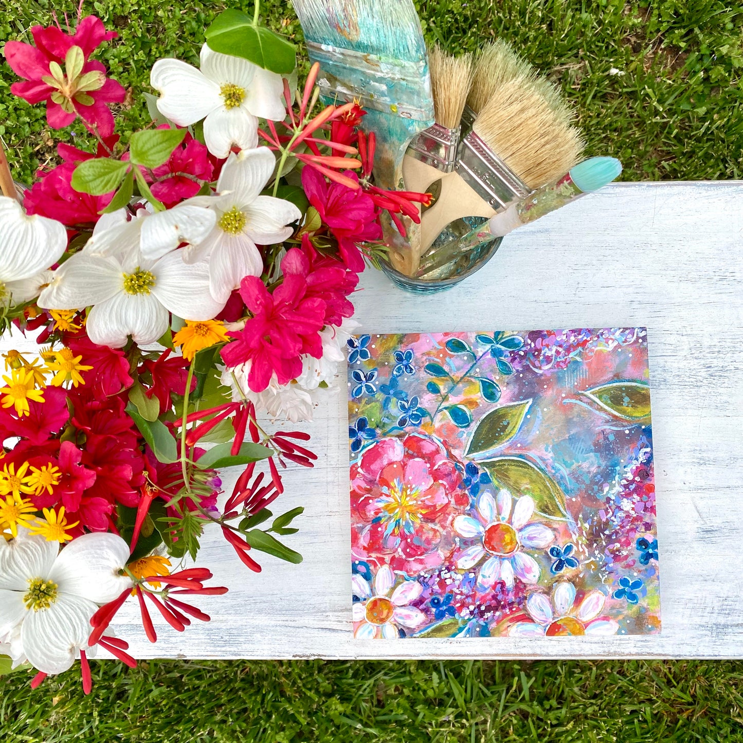 "Home is Where the Heart is" Floral Original Painting on 8x8 inch Wood Panel - Bethany Joy Art