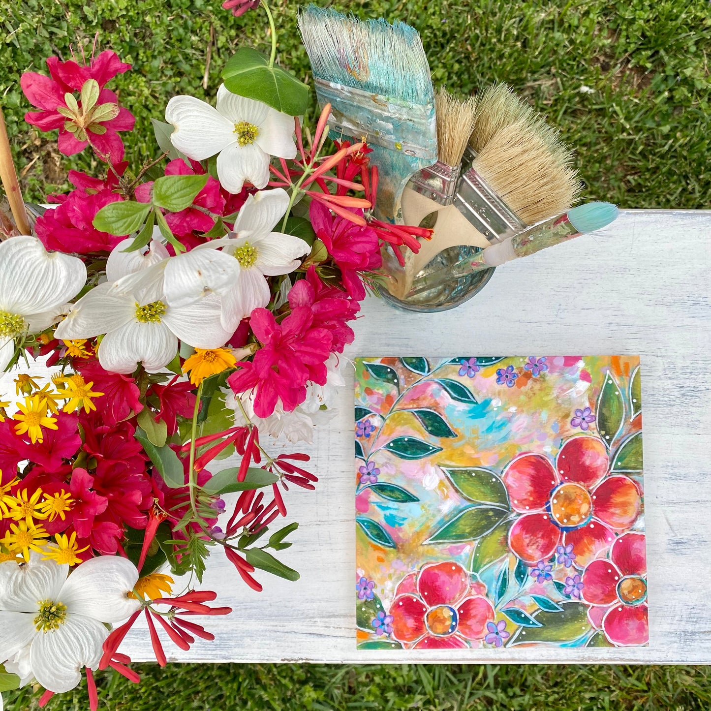 "Bless this Home" Floral Original Painting on 8x8 inch Wood Panel - Bethany Joy Art