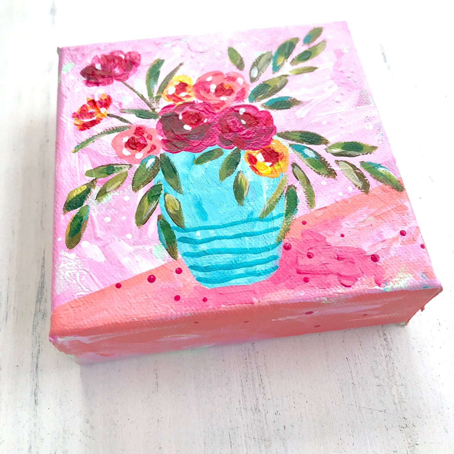 “Roses are Red” Vase of Flowers Original Painting on 5x5 inch Canvas - Bethany Joy Art