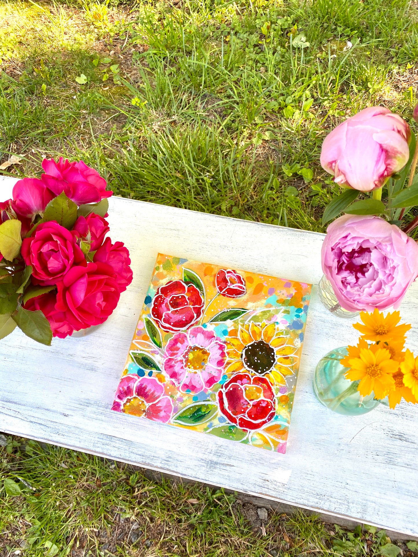"No Place Like Home" Floral Original Painting on 8x8 inch Canvas