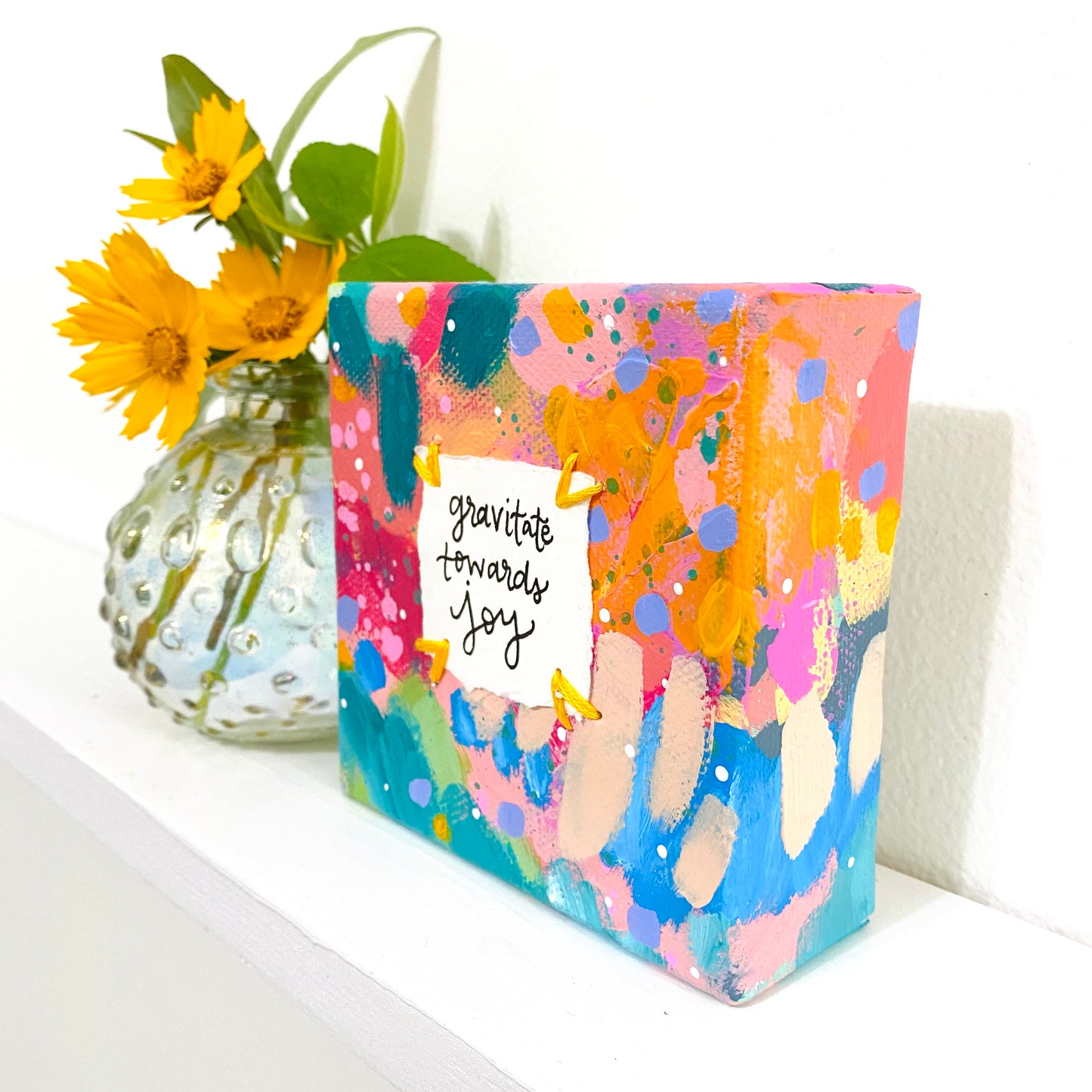 Gravitate Towards Joy 4x4 inch original abstract canvas with embroidery thread accents