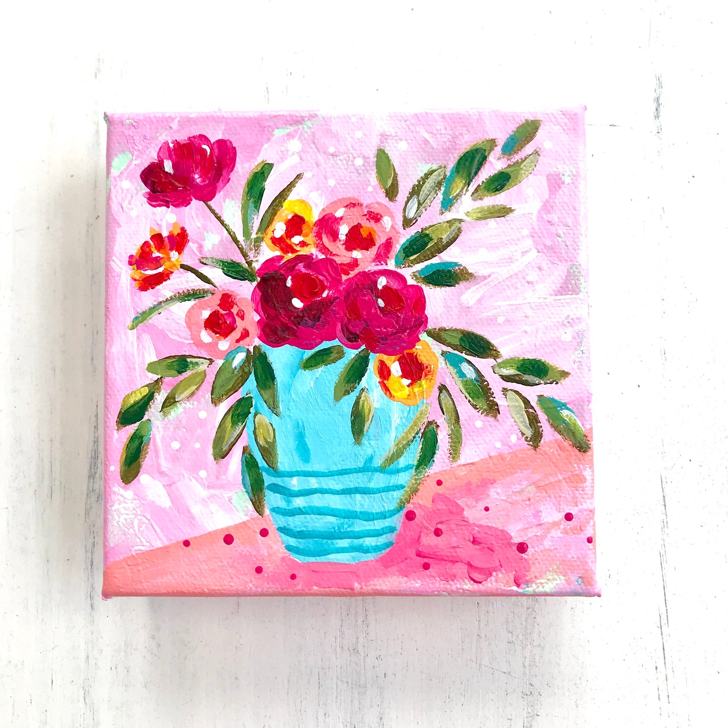 “Roses are Red” Vase of Flowers Original Painting on 5x5 inch Canvas - Bethany Joy Art