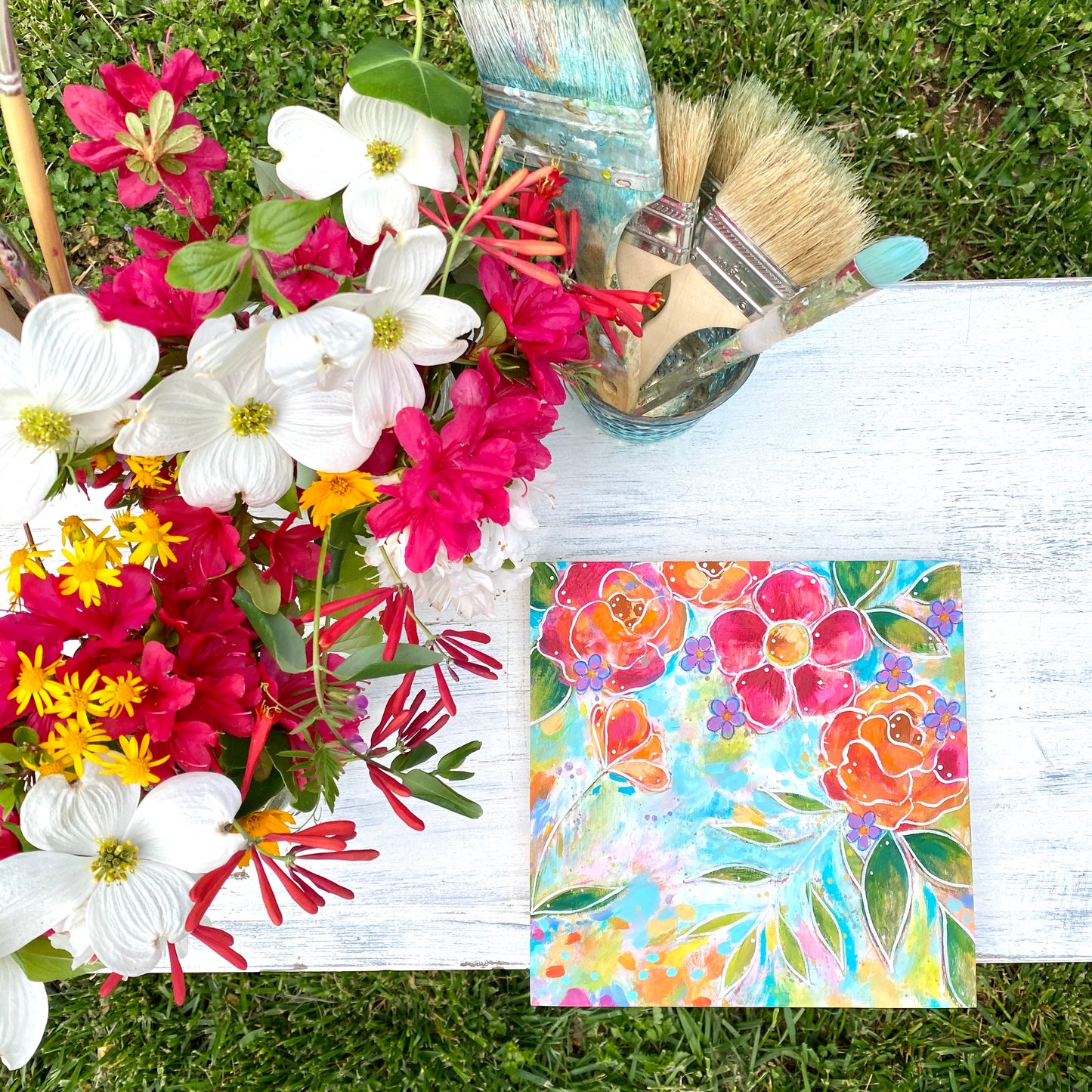 "Always Welcome at Home" Floral Original Painting on 8x8 inch Wood Panel - Bethany Joy Art