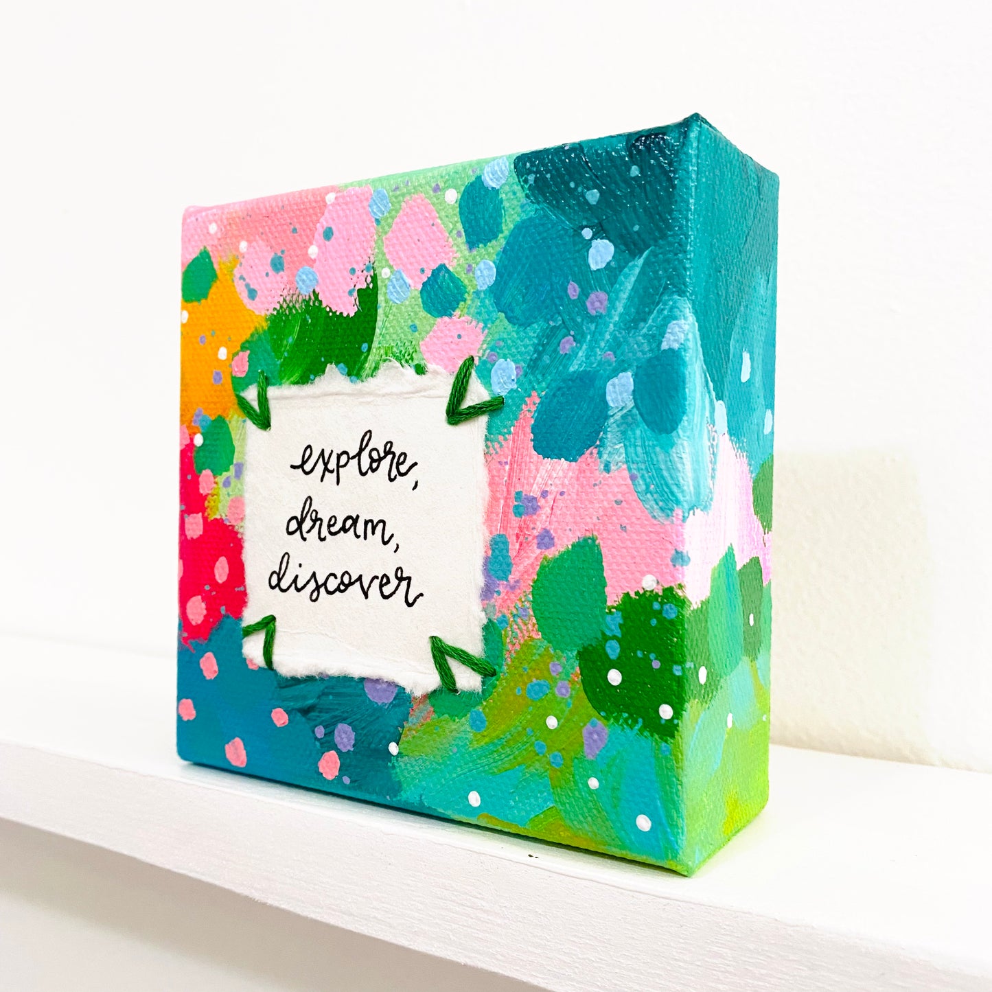Explore, Dream, Discover 4x4 inch original abstract canvas with embroidery thread accents