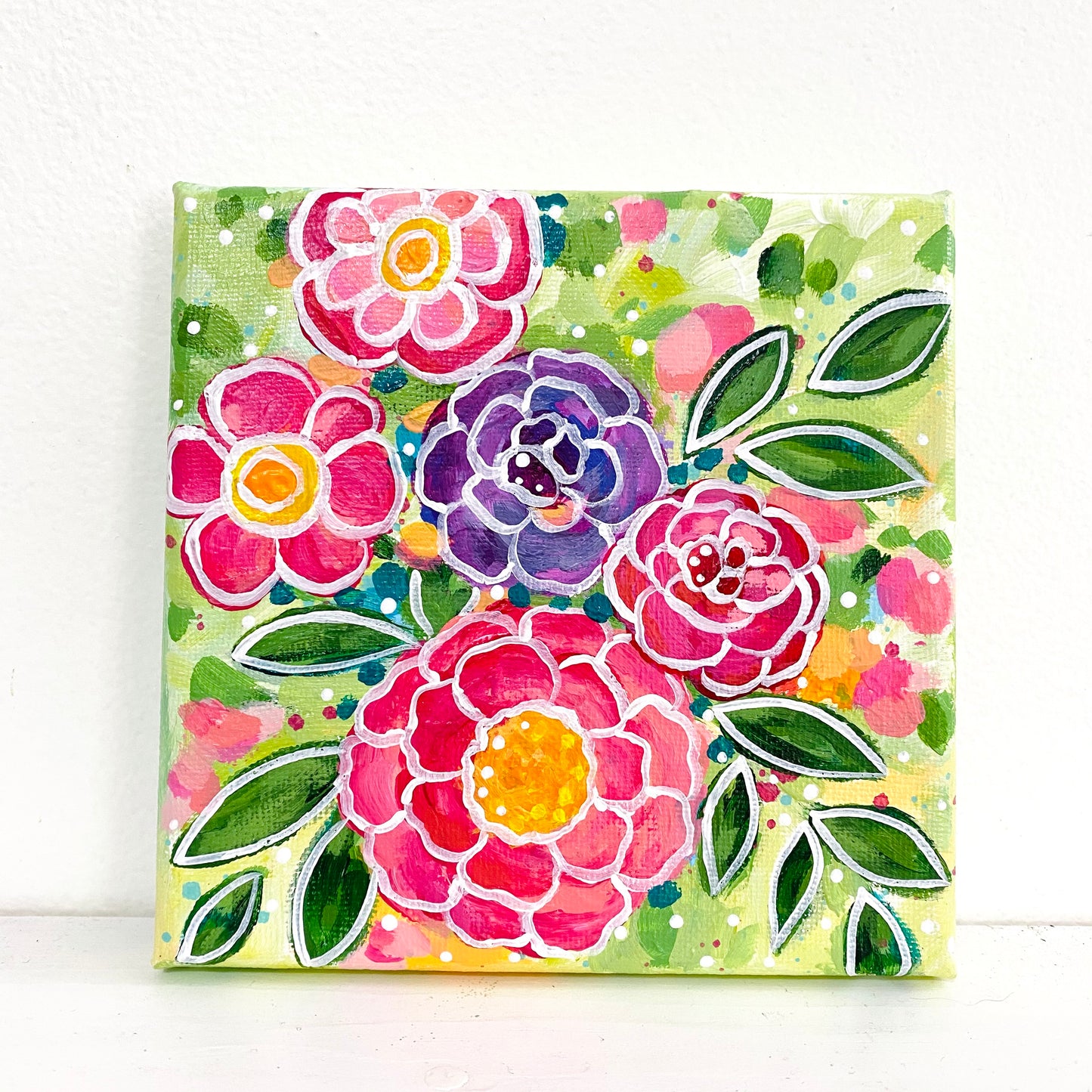"Joy Blooms Here" 5x5 inch original painting on canvas
