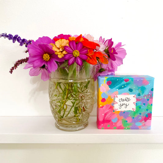 Create Joy 4x4 inch original abstract canvas with embroidery thread accents