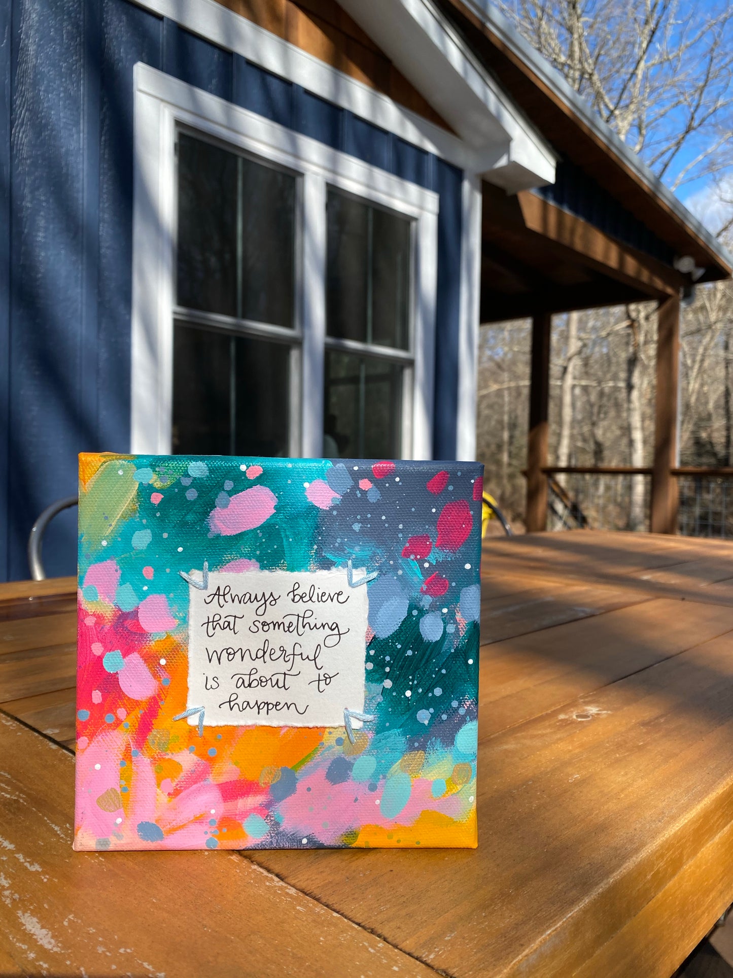 Something Wonderful 6x6 inch original abstract canvas with embroidery thread accents