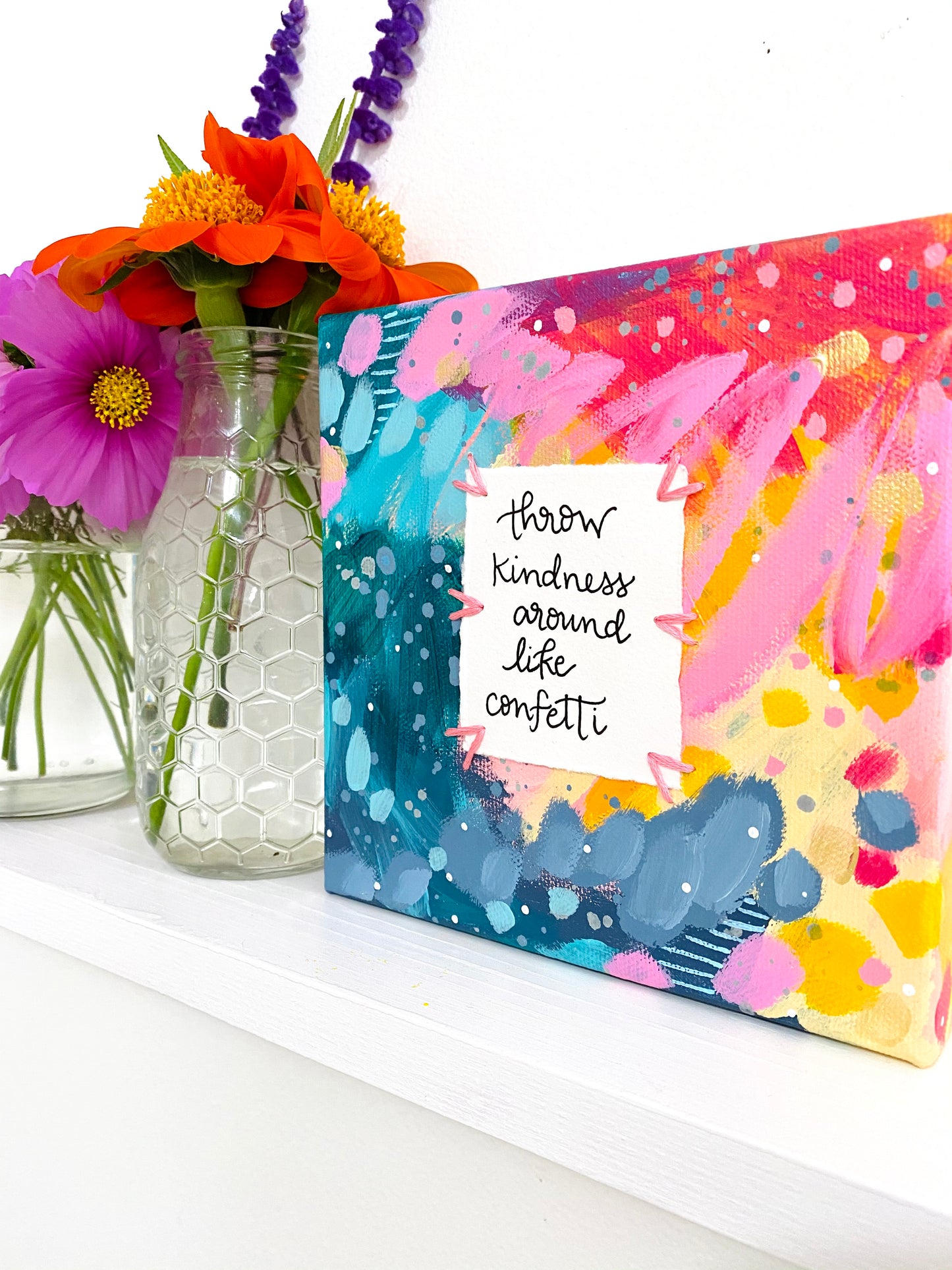 Confetti Kindness 6x6 inch original abstract canvas with embroidery thread accents