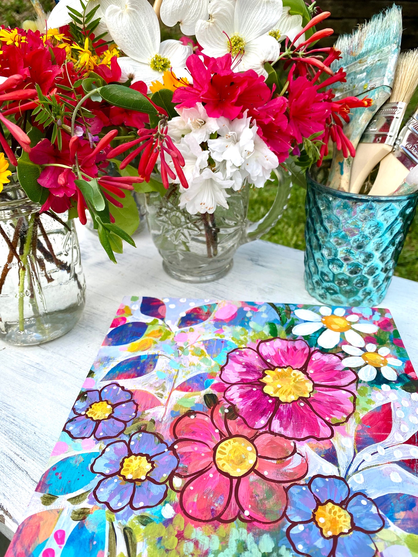 "A Joy-Filled Home" Floral Original Painting on 8x8 inch Wood Panel - Bethany Joy Art