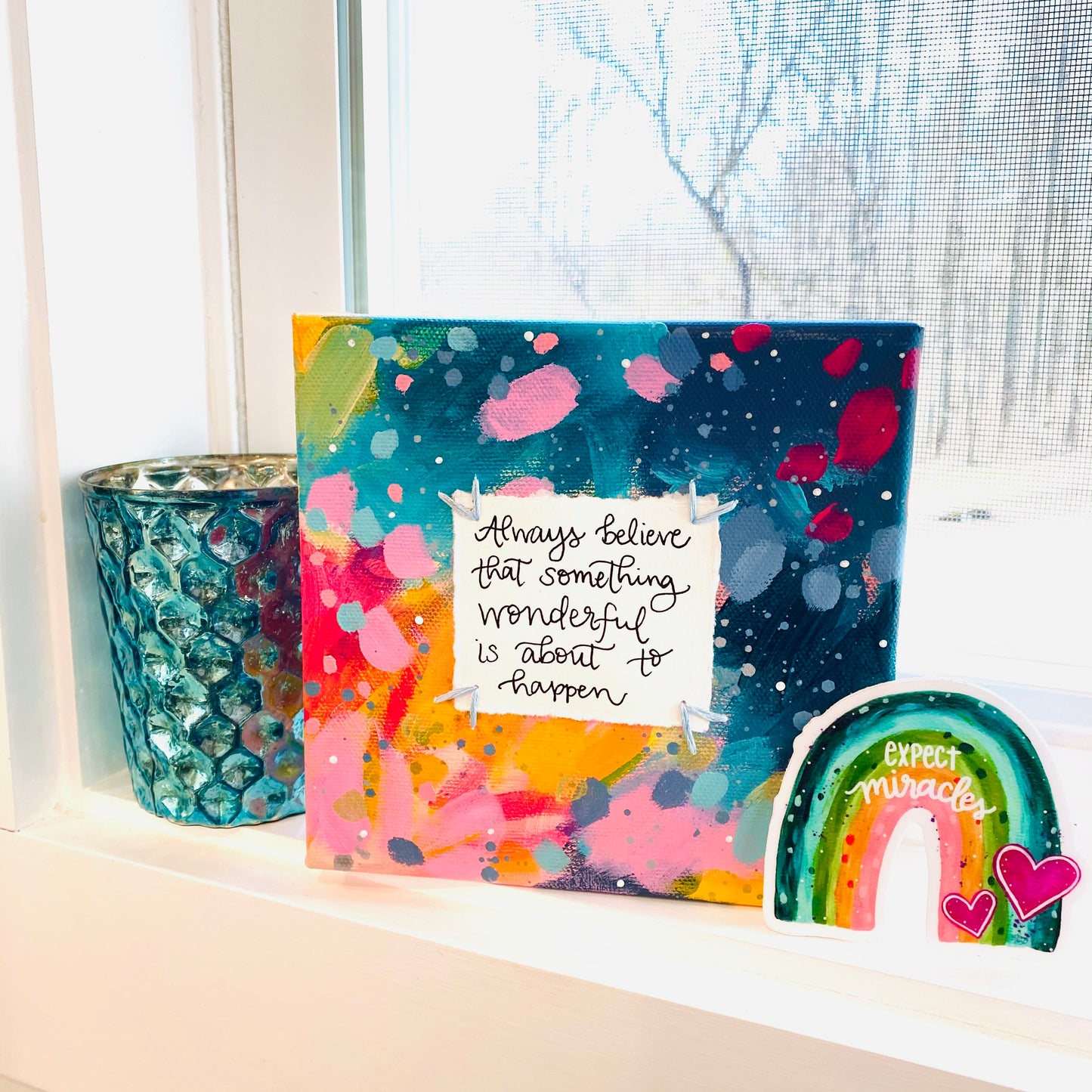 Something Wonderful 6x6 inch original abstract canvas with embroidery thread accents
