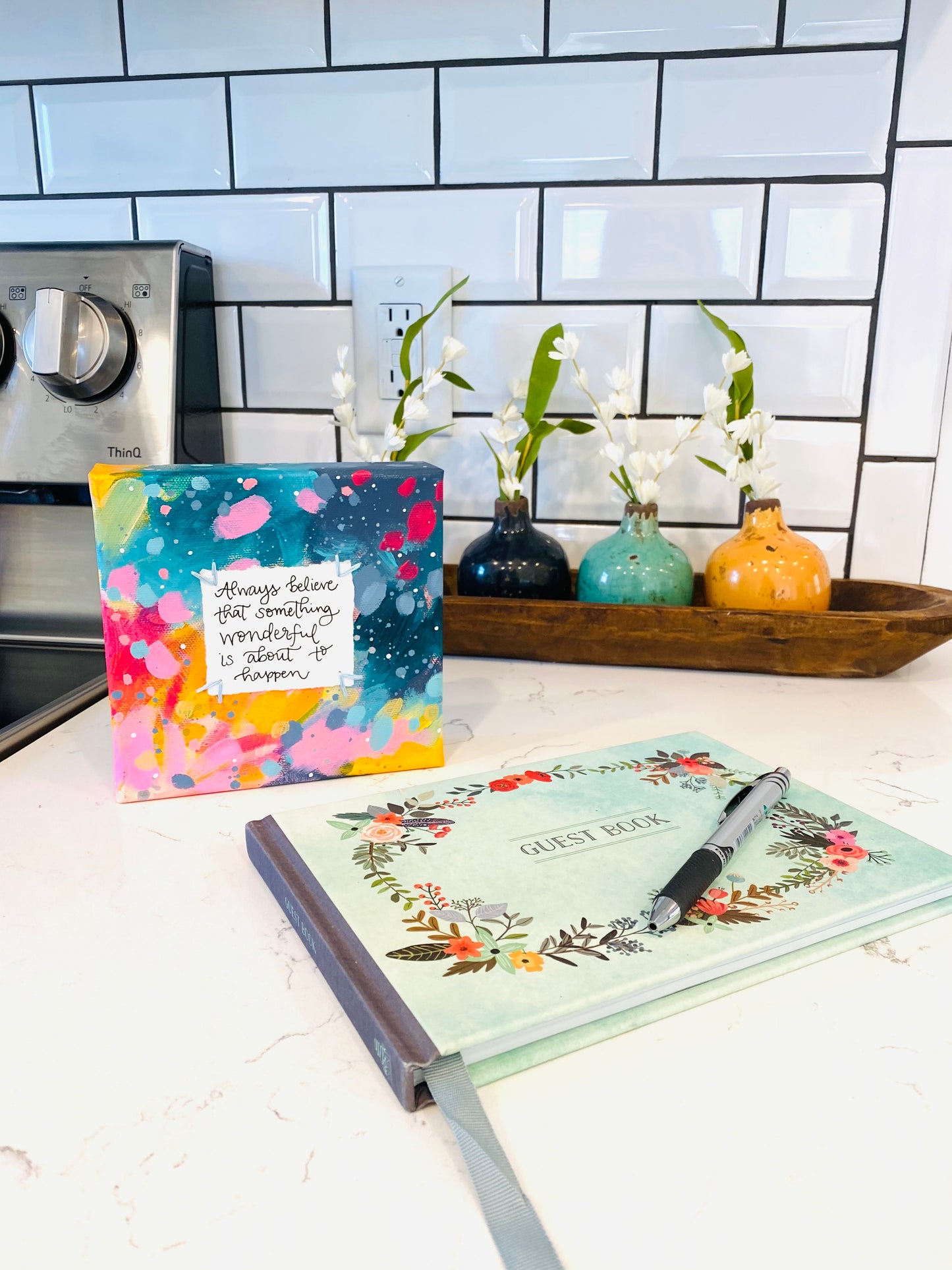 Something Wonderful 6x6 inch original abstract canvas with embroidery thread accents