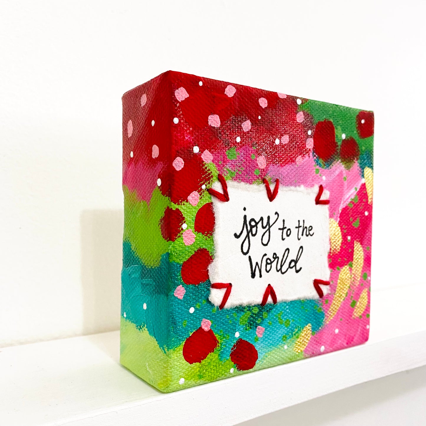 Joy to the World #2 4x4 inch original abstract canvas with embroidery thread accents