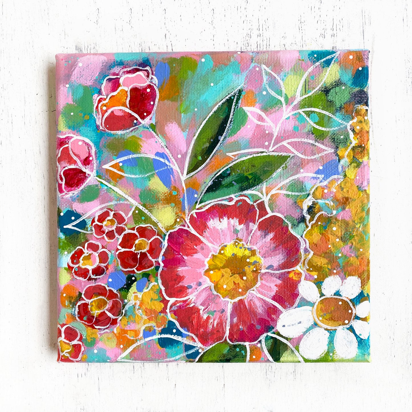 “Home Made of Dreams" Floral Original Painting on 8x8 inch Canvas - Bethany Joy Art