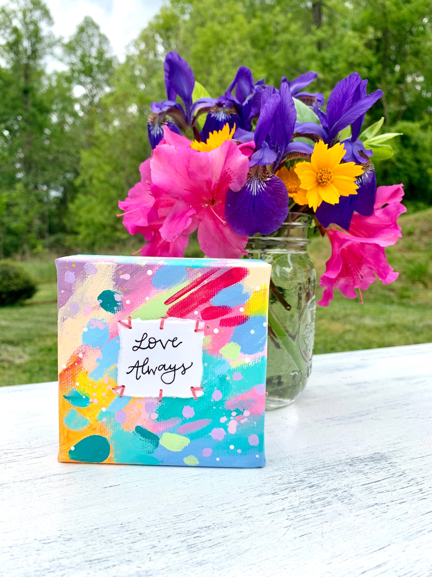 Love Always 4x4 inch original abstract canvas with embroidery thread accents - Bethany Joy Art