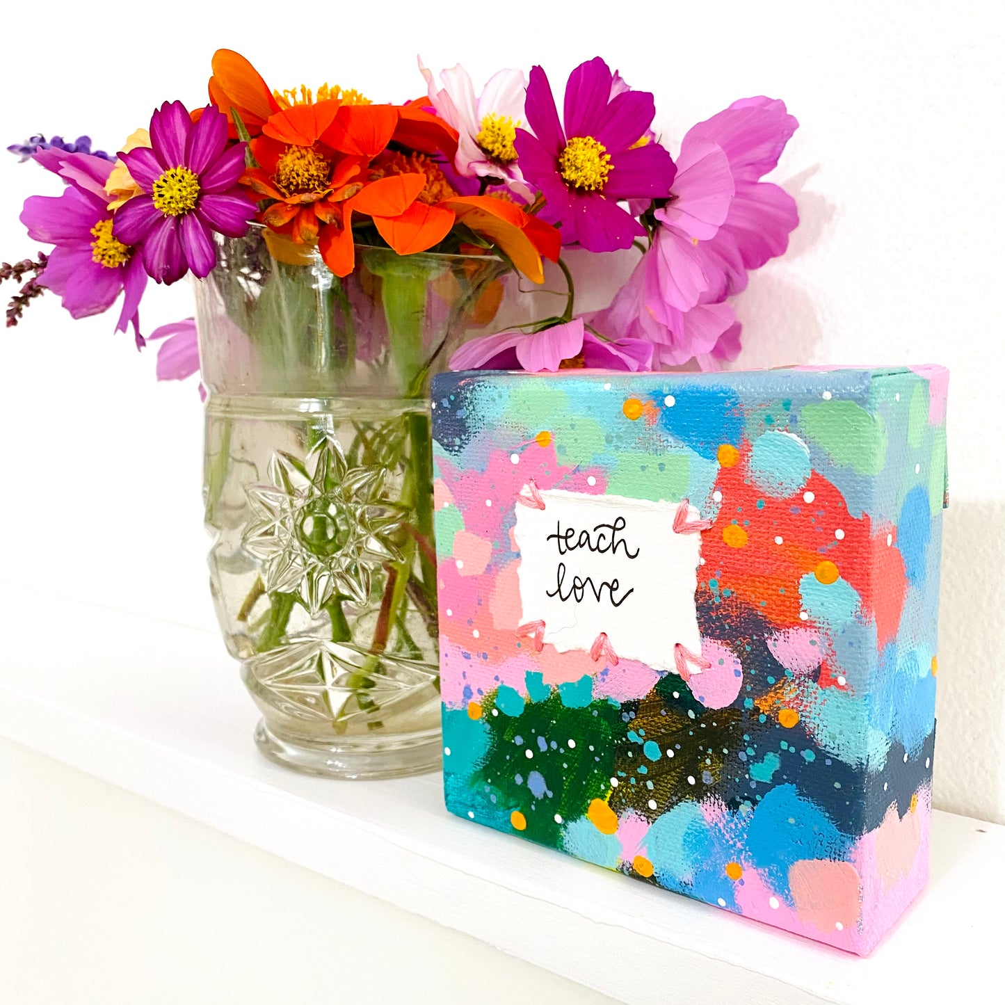 Teach Love 4x4 inch original abstract canvas with embroidery thread accents