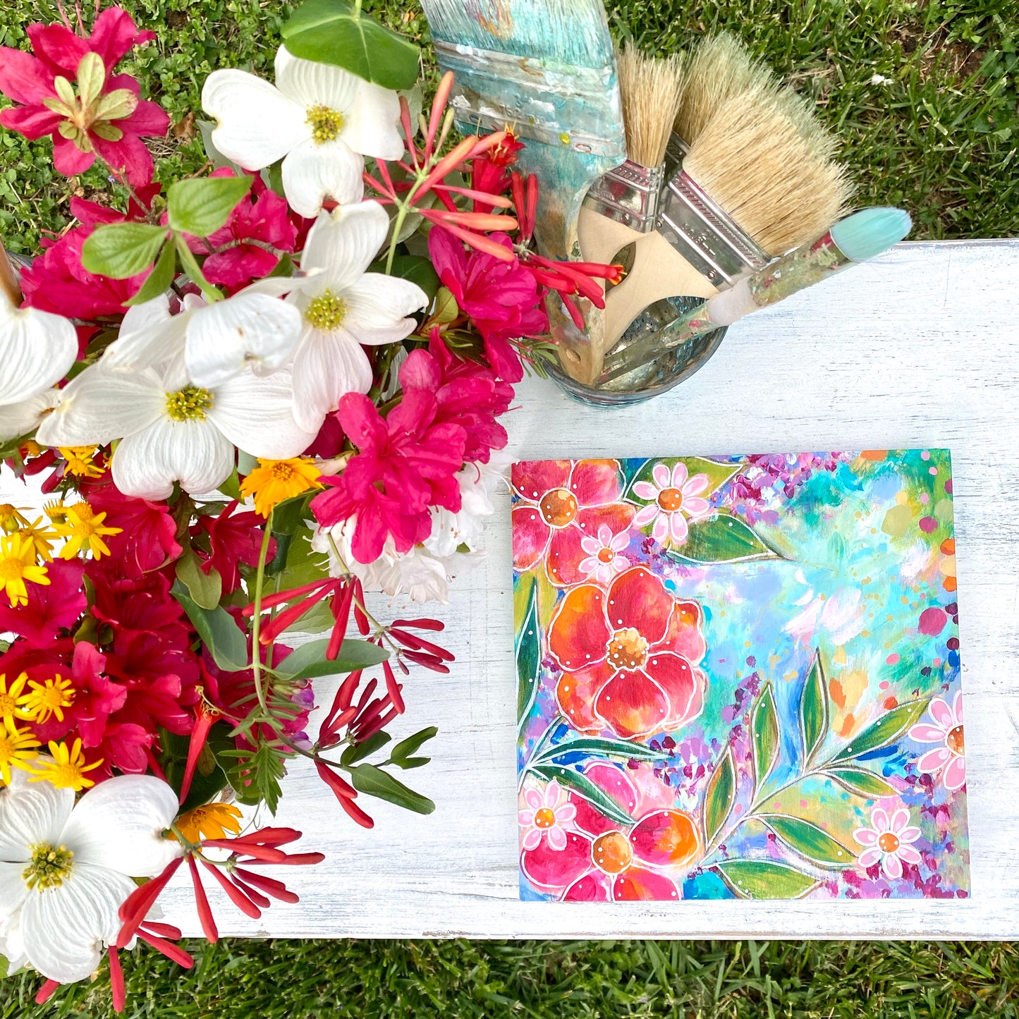 "Home is my Happy Place" Floral Original Painting on 8x8 inch Wood Panel - Bethany Joy Art