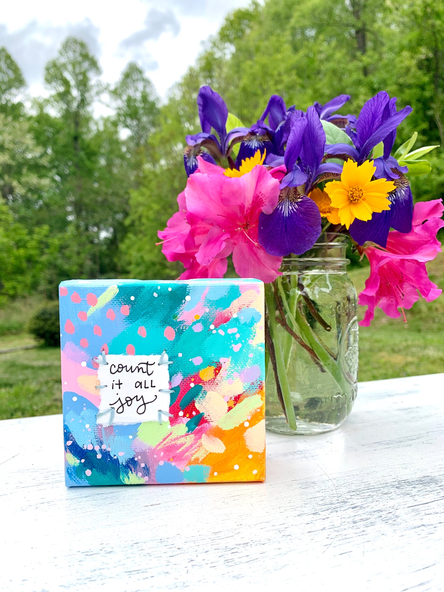 Count it all Joy 4x4 inch original abstract canvas with embroidery thread accents - Bethany Joy Art