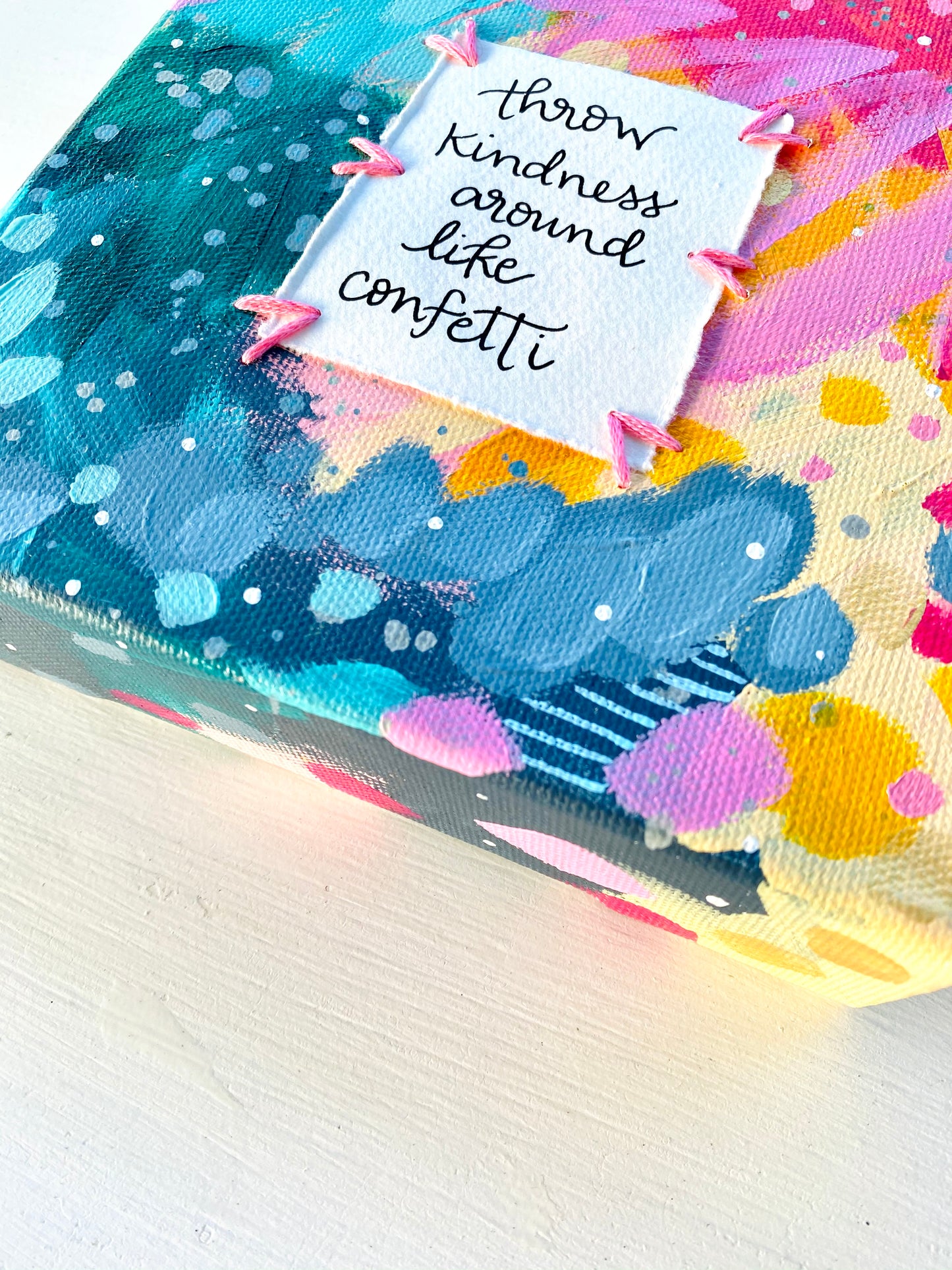 Confetti Kindness 6x6 inch original abstract canvas with embroidery thread accents