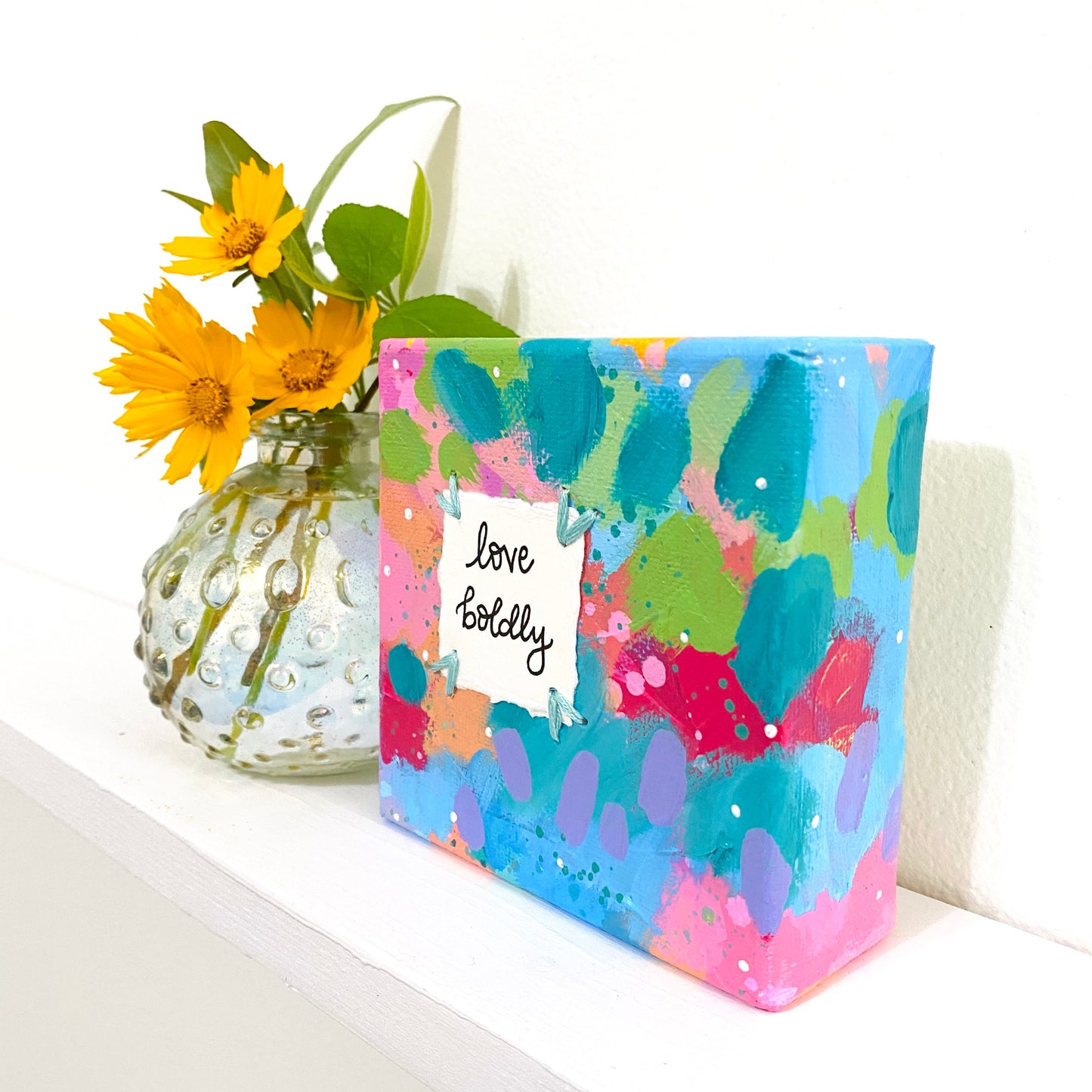 Love Boldly 4x4 inch original abstract canvas with embroidery thread accents