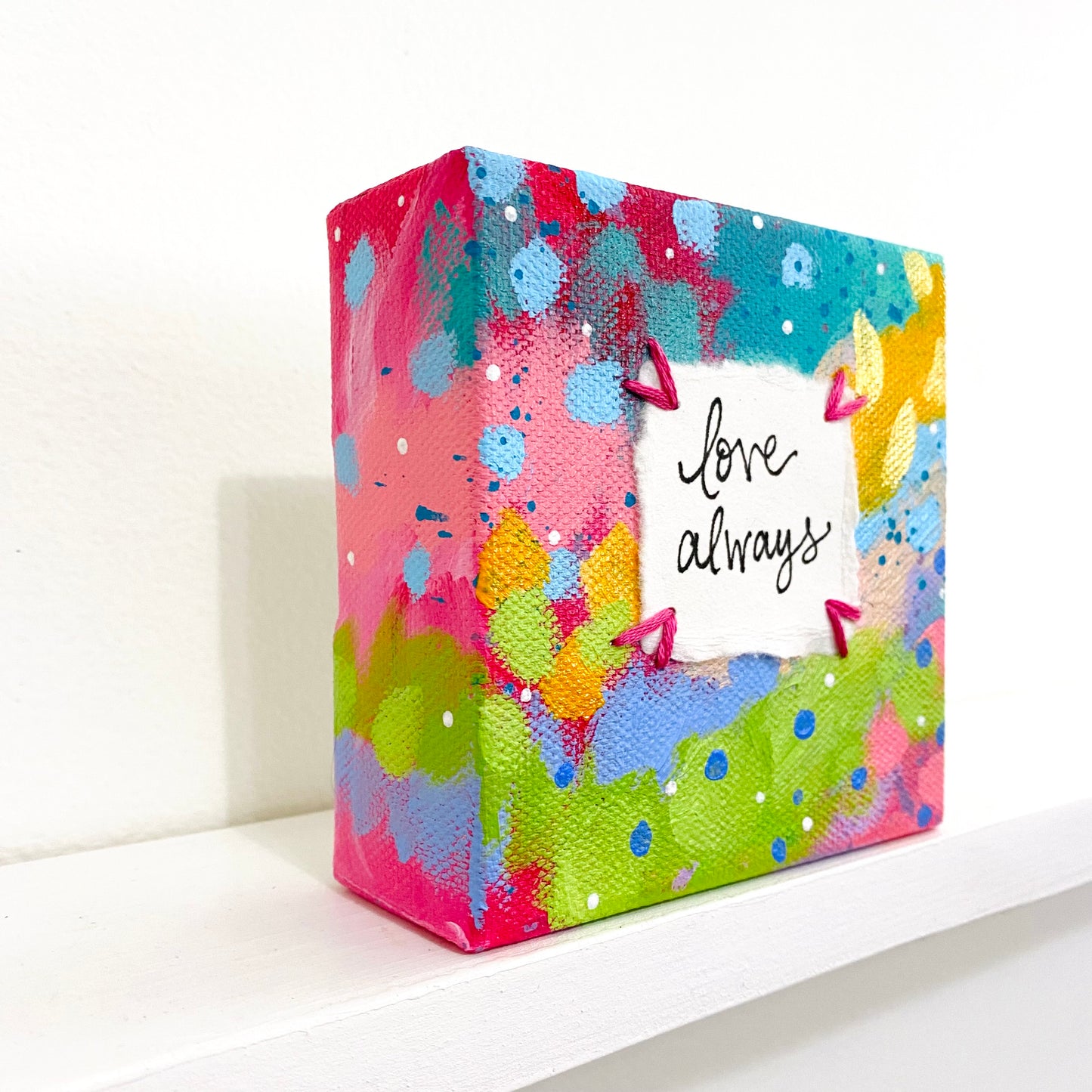 Love Always 4x4 inch original abstract canvas with embroidery thread accents