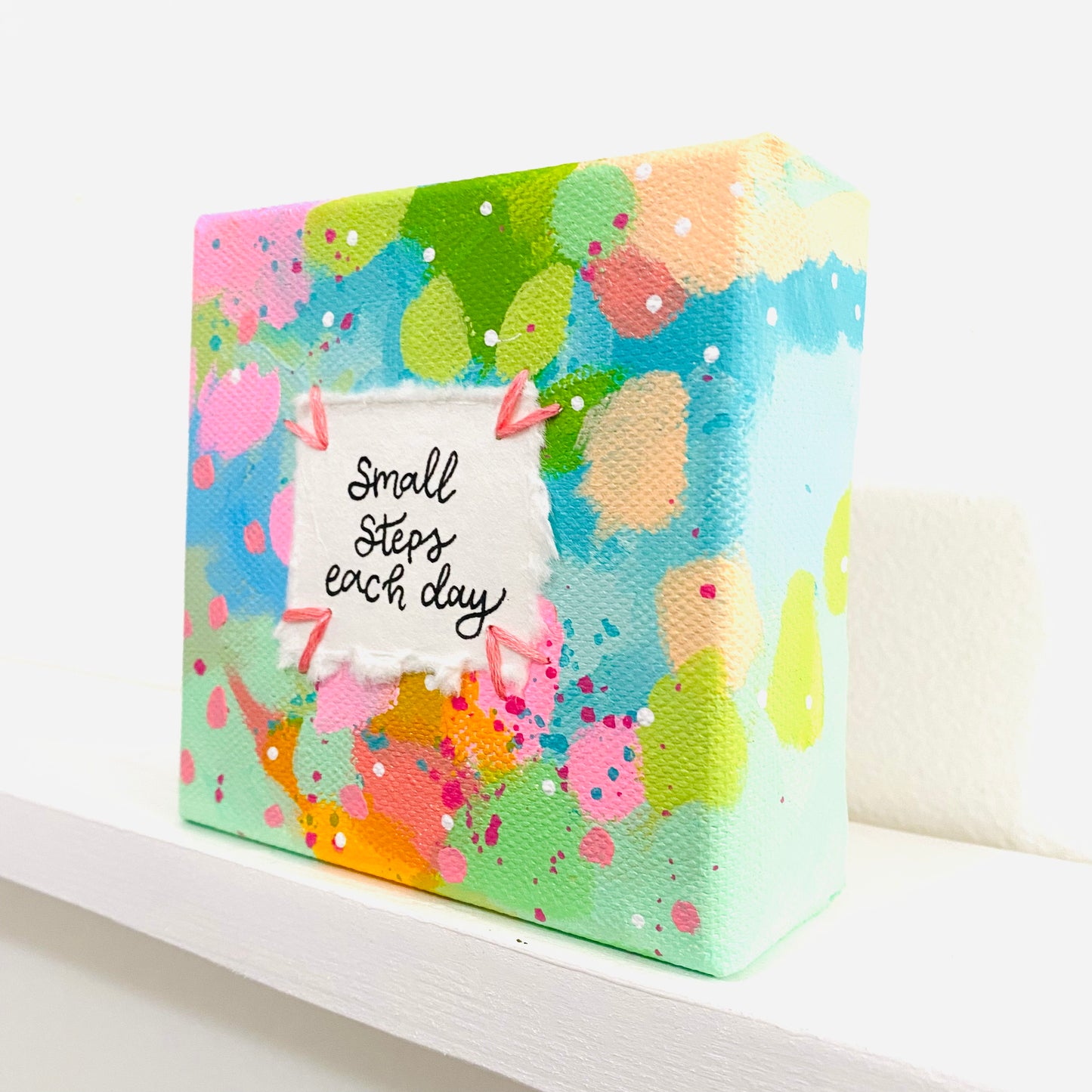 Small Steps Each Day 4x4 inch original abstract canvas with embroidery thread accents