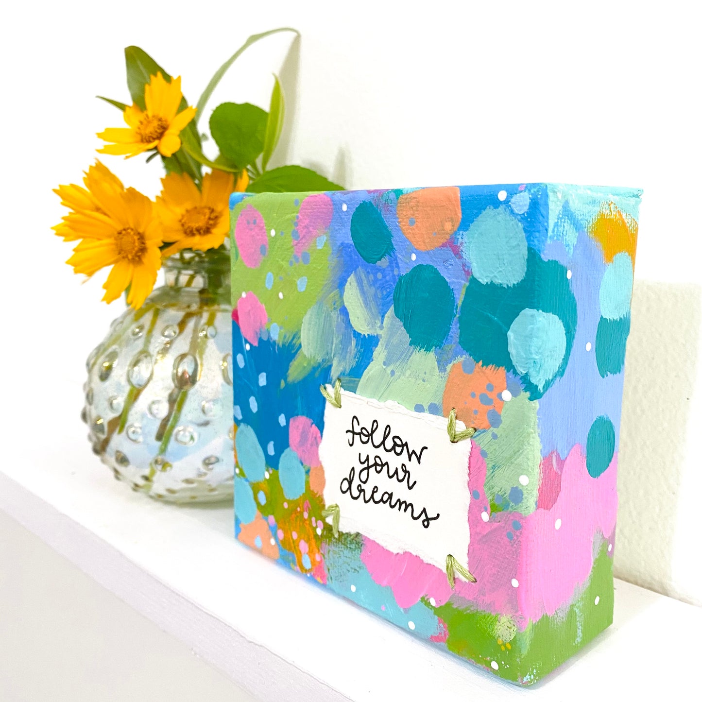 Follow your Dreams 4x4 inch original abstract canvas with embroidery thread accents