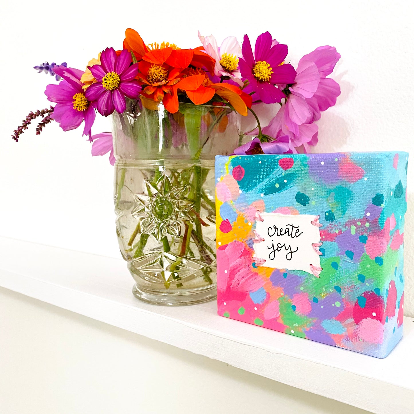 Create Joy 4x4 inch original abstract canvas with embroidery thread accents