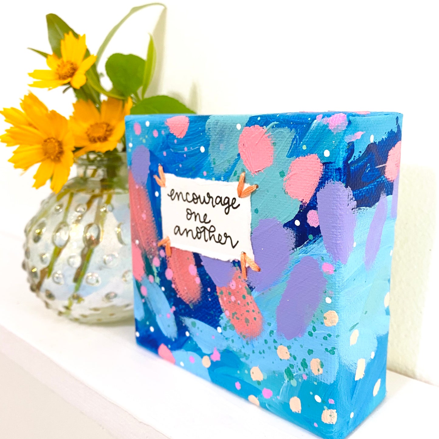 Encourage One Another 4x4 inch original abstract canvas with embroidery thread accents