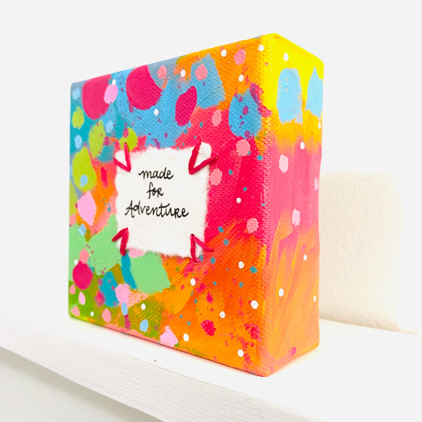 Made for Adventure 4x4 inch original abstract canvas with embroidery thread accents