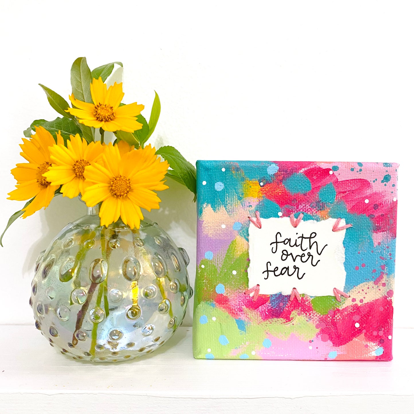 Faith Over Fear 4x4 inch original abstract canvas with embroidery thread accents