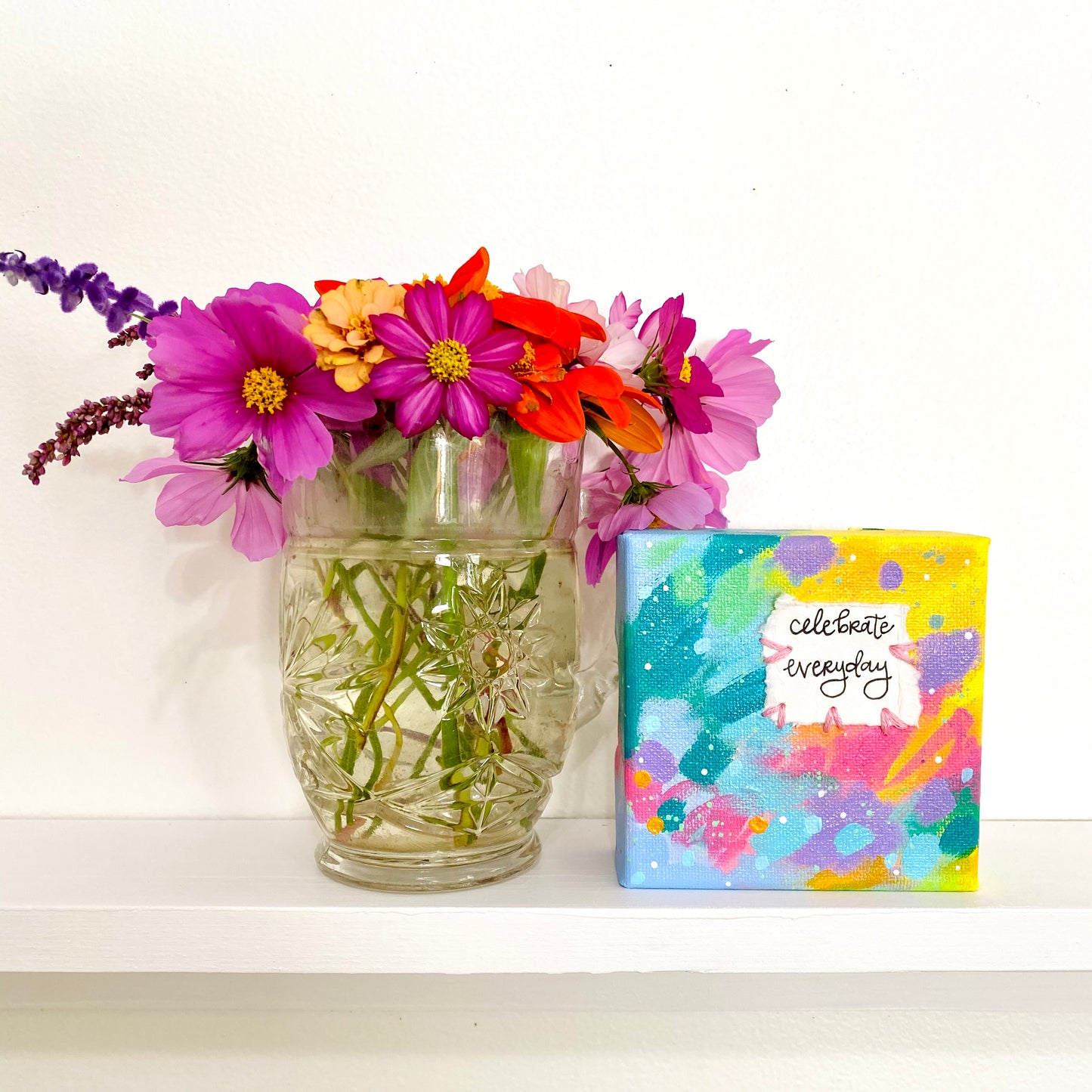 Celebrate Everyday 4x4 inch original abstract canvas with embroidery thread accents