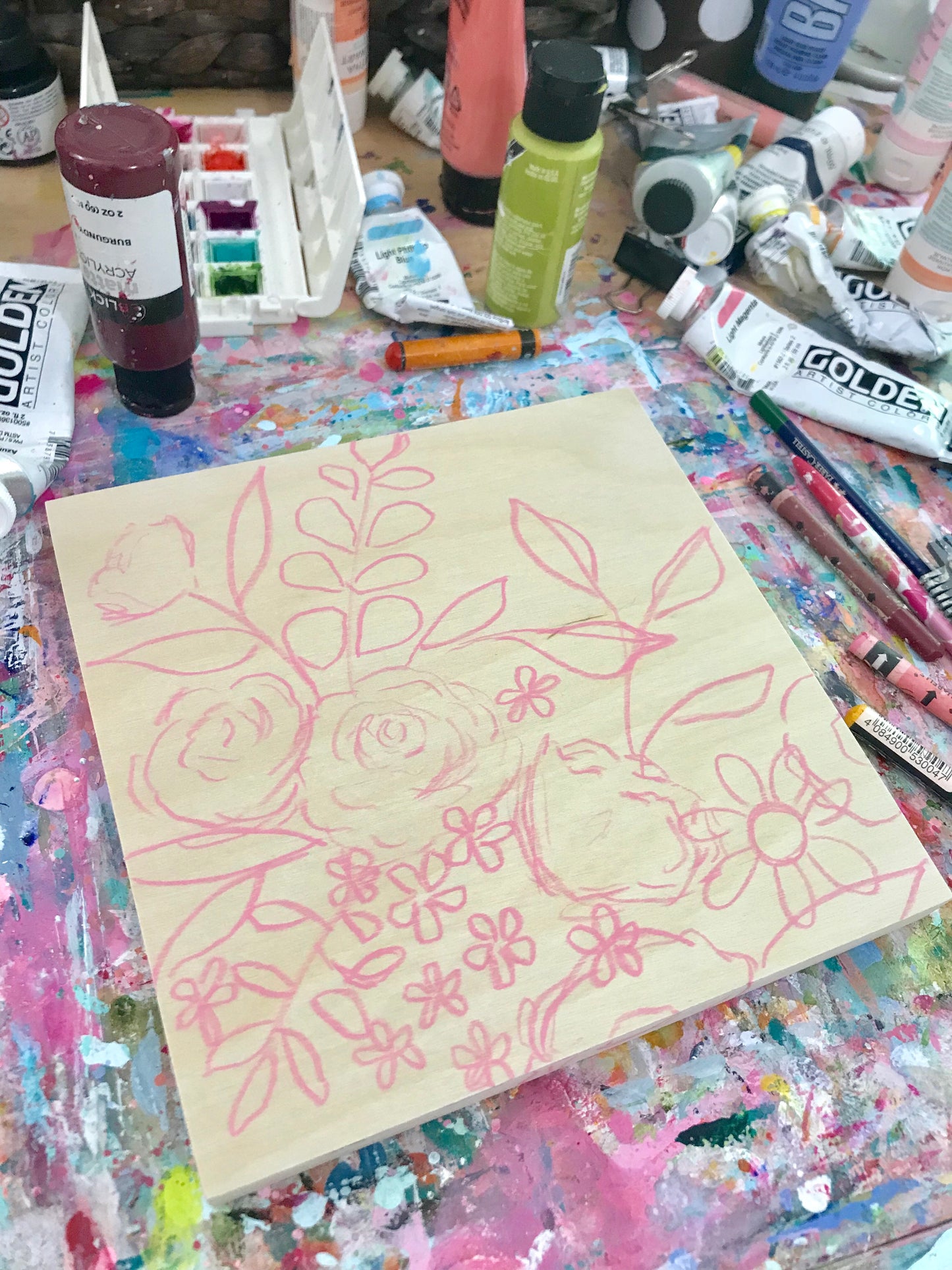New Spring Floral Mixed Media Painting on 8x8 inch wood panel no.3 - Bethany Joy Art