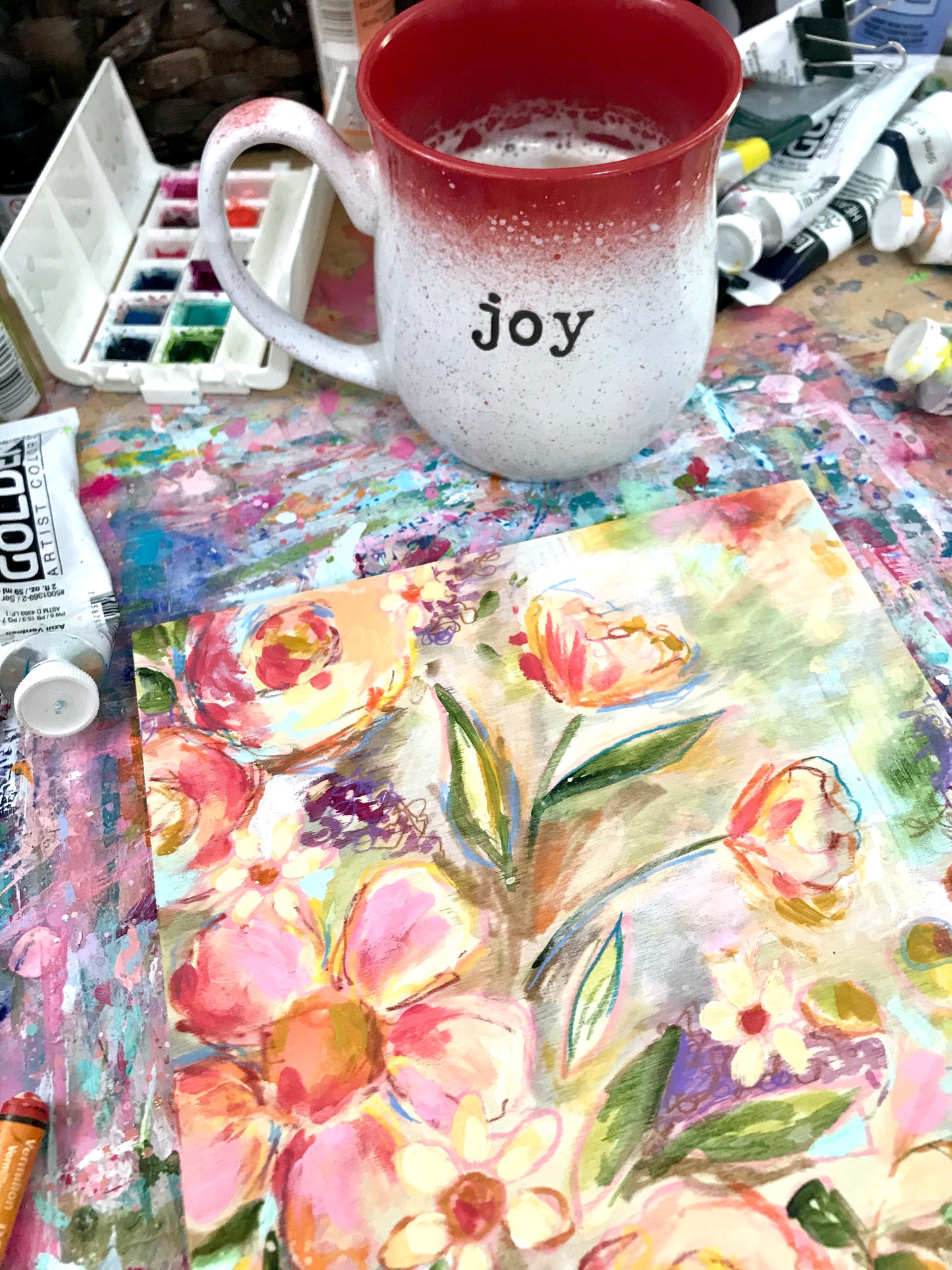 New Spring Floral Mixed Media Painting on 8x8 inch wood panel no.9 - Bethany Joy Art