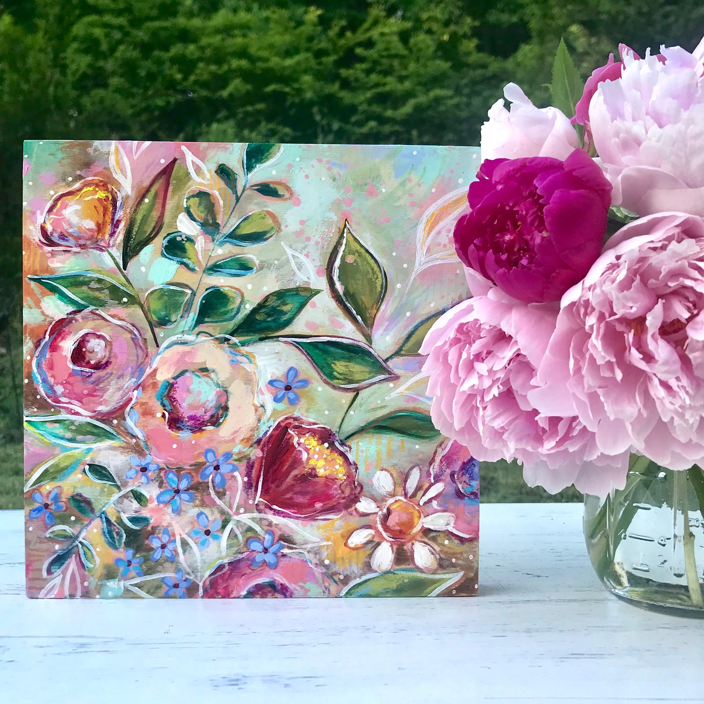 New Spring Floral Mixed Media Painting on 8x8 inch wood panel no.3 - Bethany Joy Art