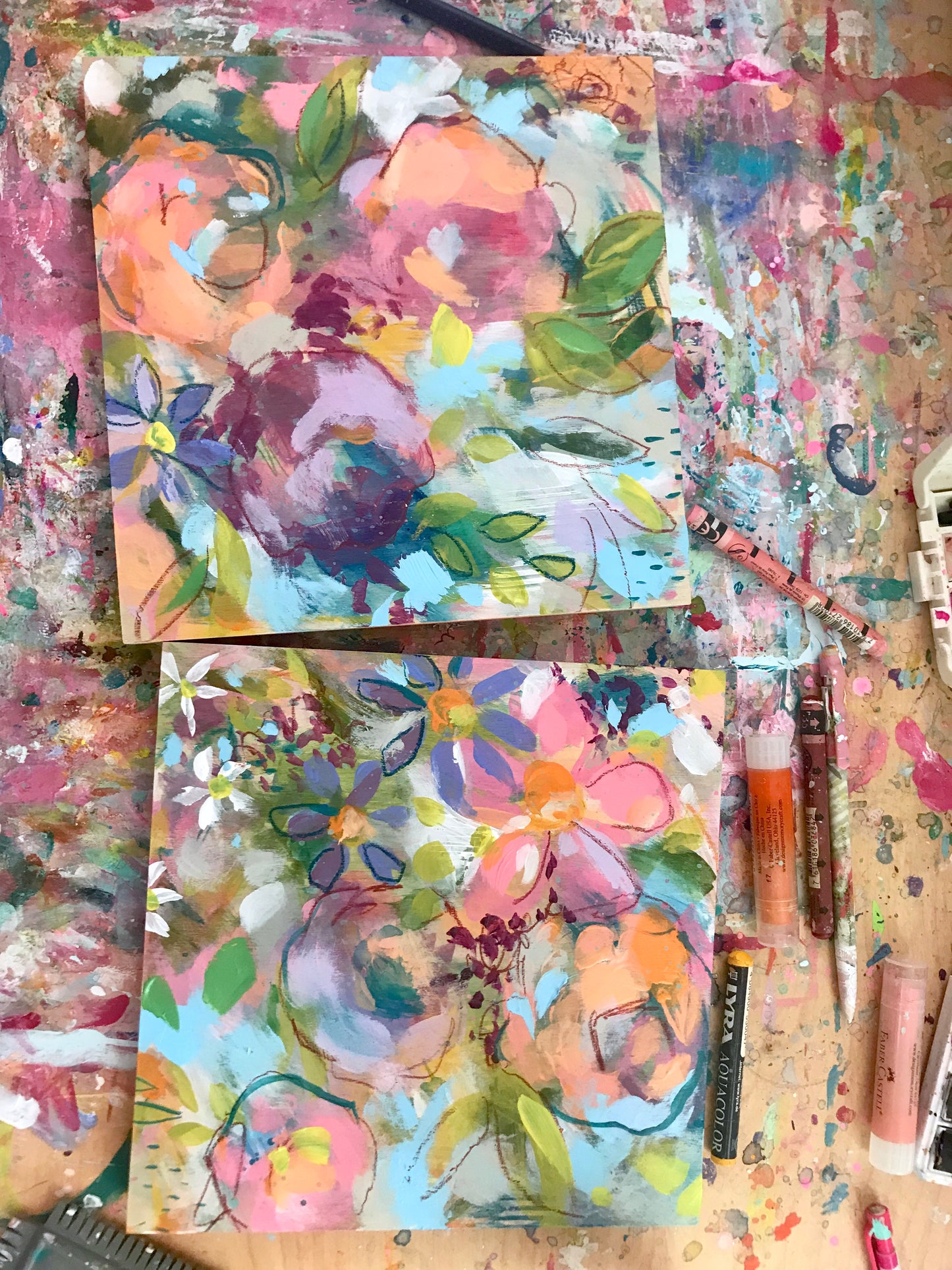 New Spring Floral Mixed Media Painting on 8x8 inch wood panel no.7 - Bethany Joy Art