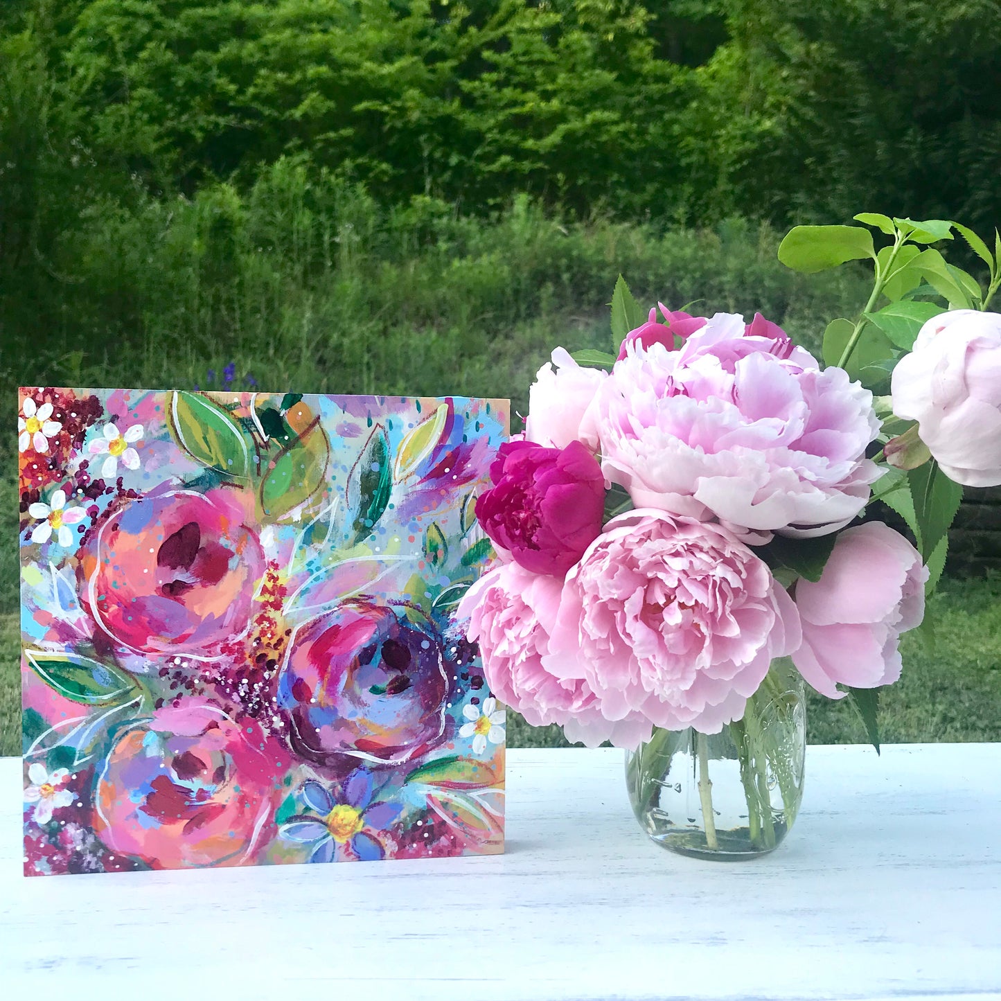 New Spring Floral Mixed Media Painting on 8x8 inch wood panel no.7 - Bethany Joy Art