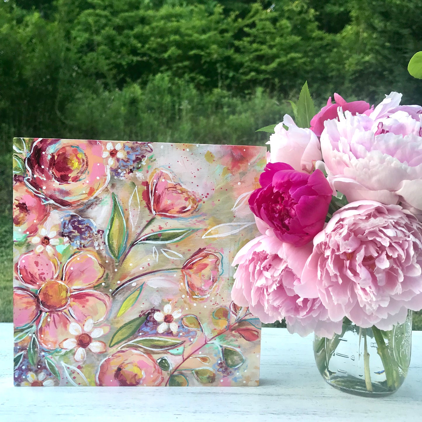New Spring Floral Mixed Media Painting on 8x8 inch wood panel no.9 - Bethany Joy Art