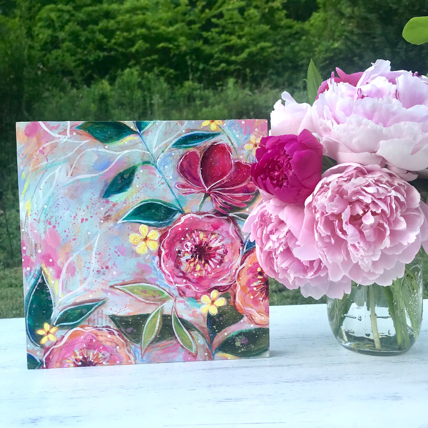 New Spring Floral Mixed Media Painting on 8x8 inch wood panel no.1 - Bethany Joy Art