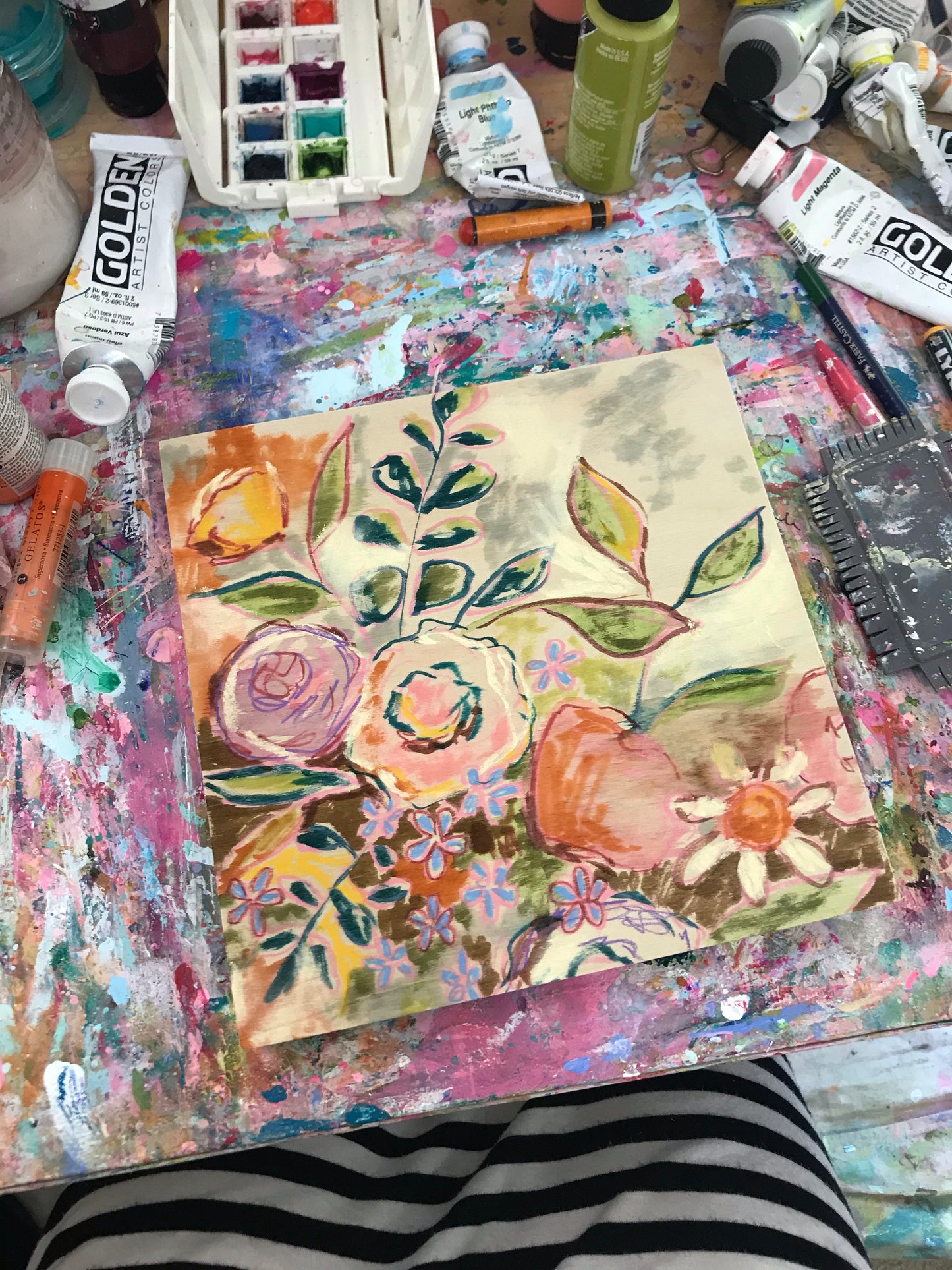 New Spring Floral Mixed Media Painting on 8x8 inch wood panel no.3 - Bethany Joy Art