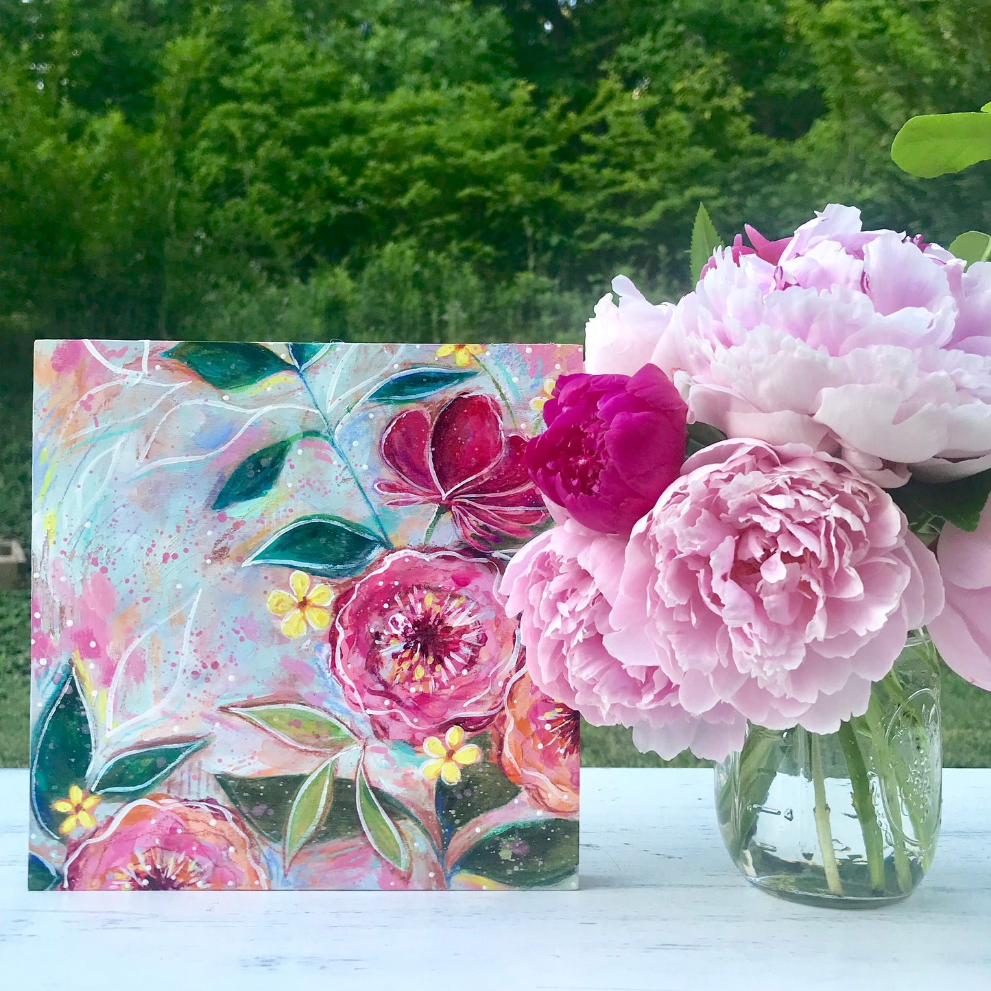 New Spring Floral Mixed Media Painting on 8x8 inch wood panel no.1 - Bethany Joy Art