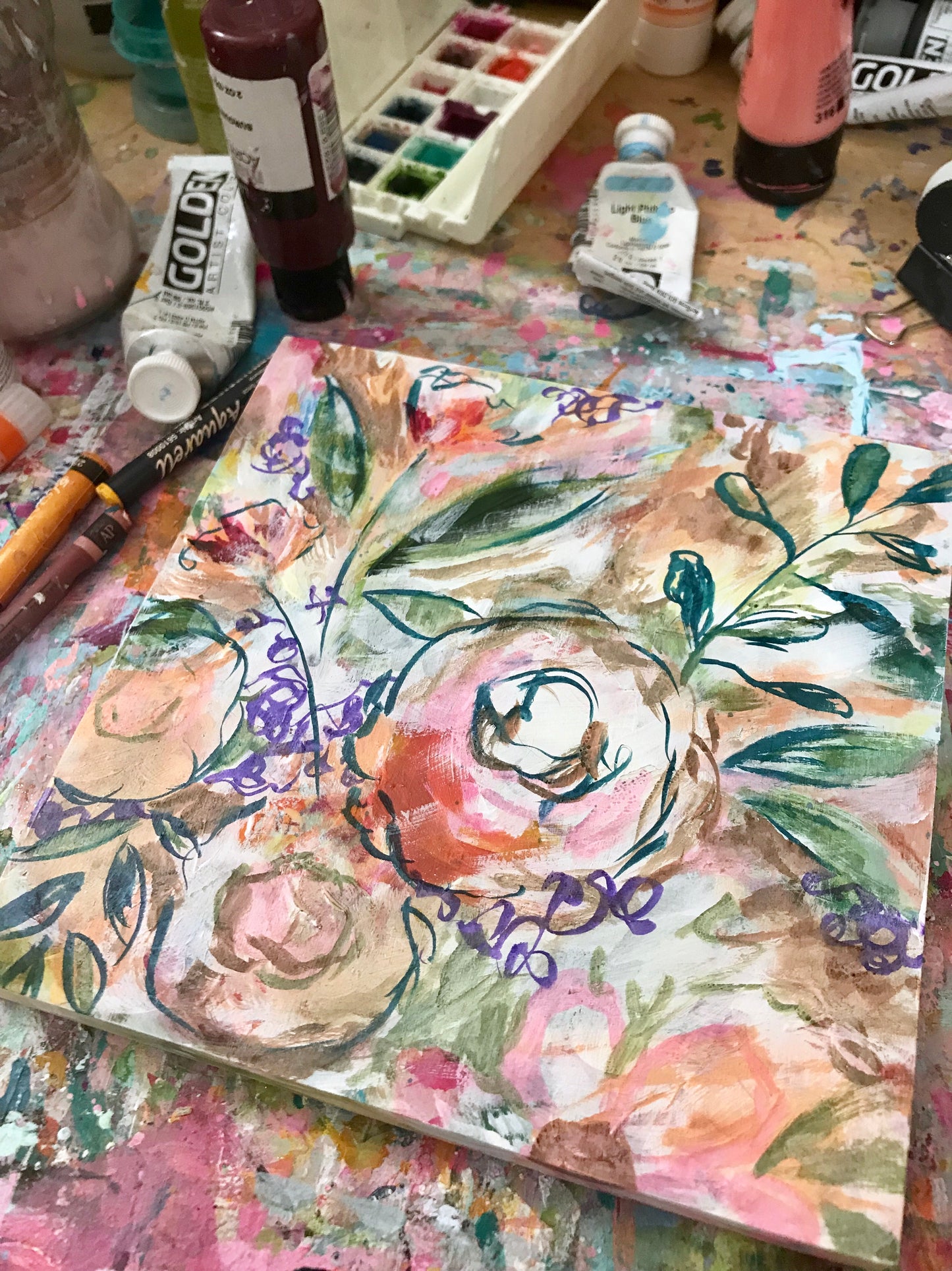 Hope Blooms Spring Floral Mixed Media Painting on 8x8 inch wood panel - Bethany Joy Art