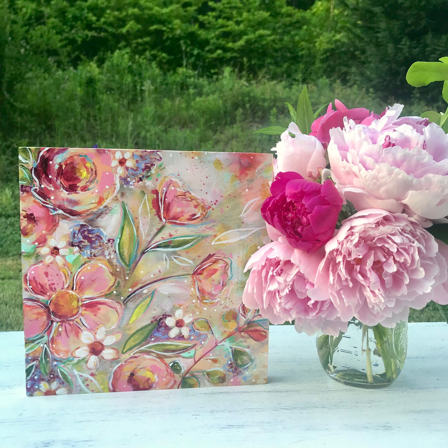 New Spring Floral Mixed Media Painting on 8x8 inch wood panel no.9 - Bethany Joy Art